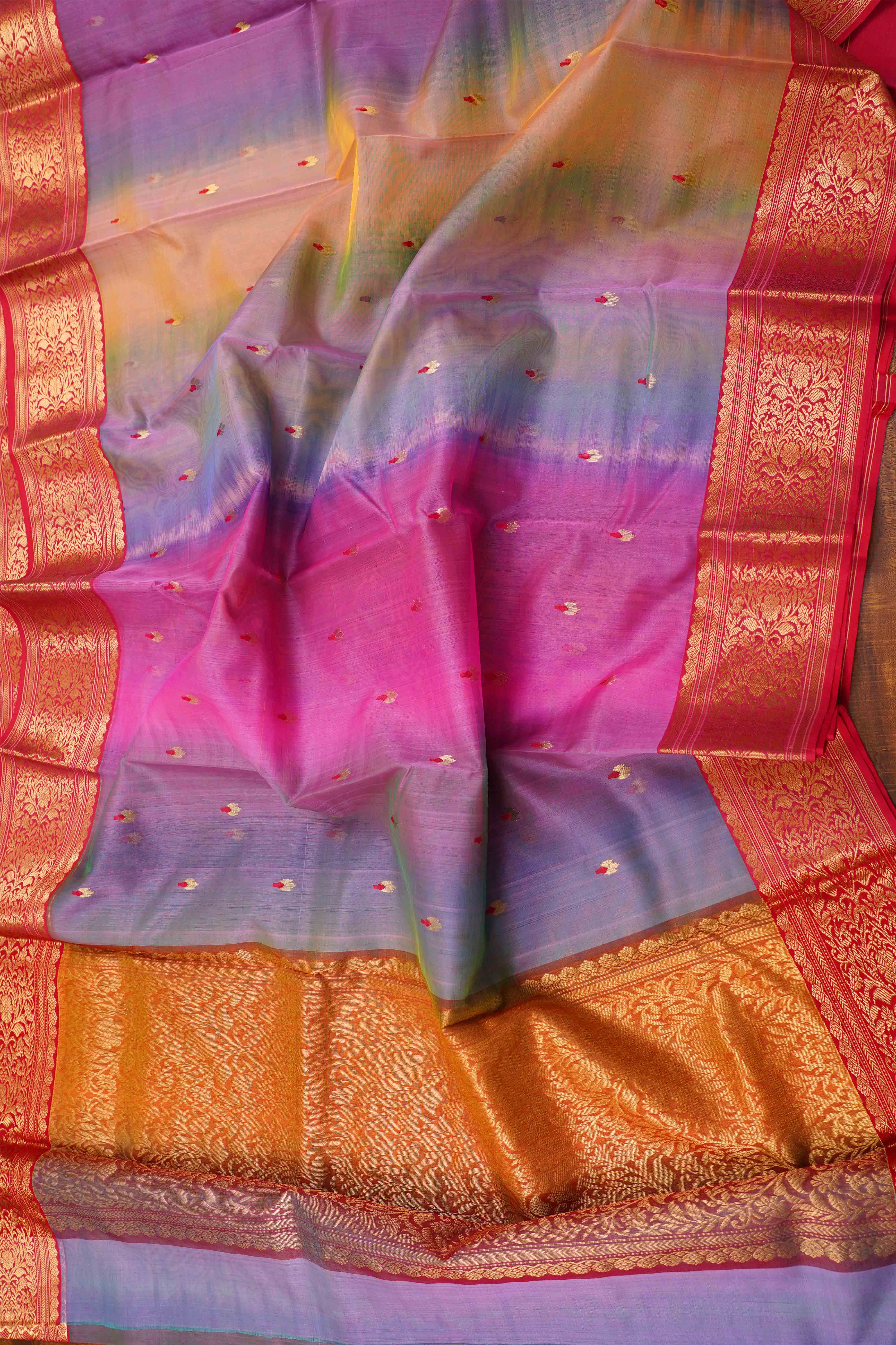 SHADES OF LOVE BIRDS - KATAN HANDLOOM PURE CHANDERI SILK SAREE - Queens Jewel Emporium