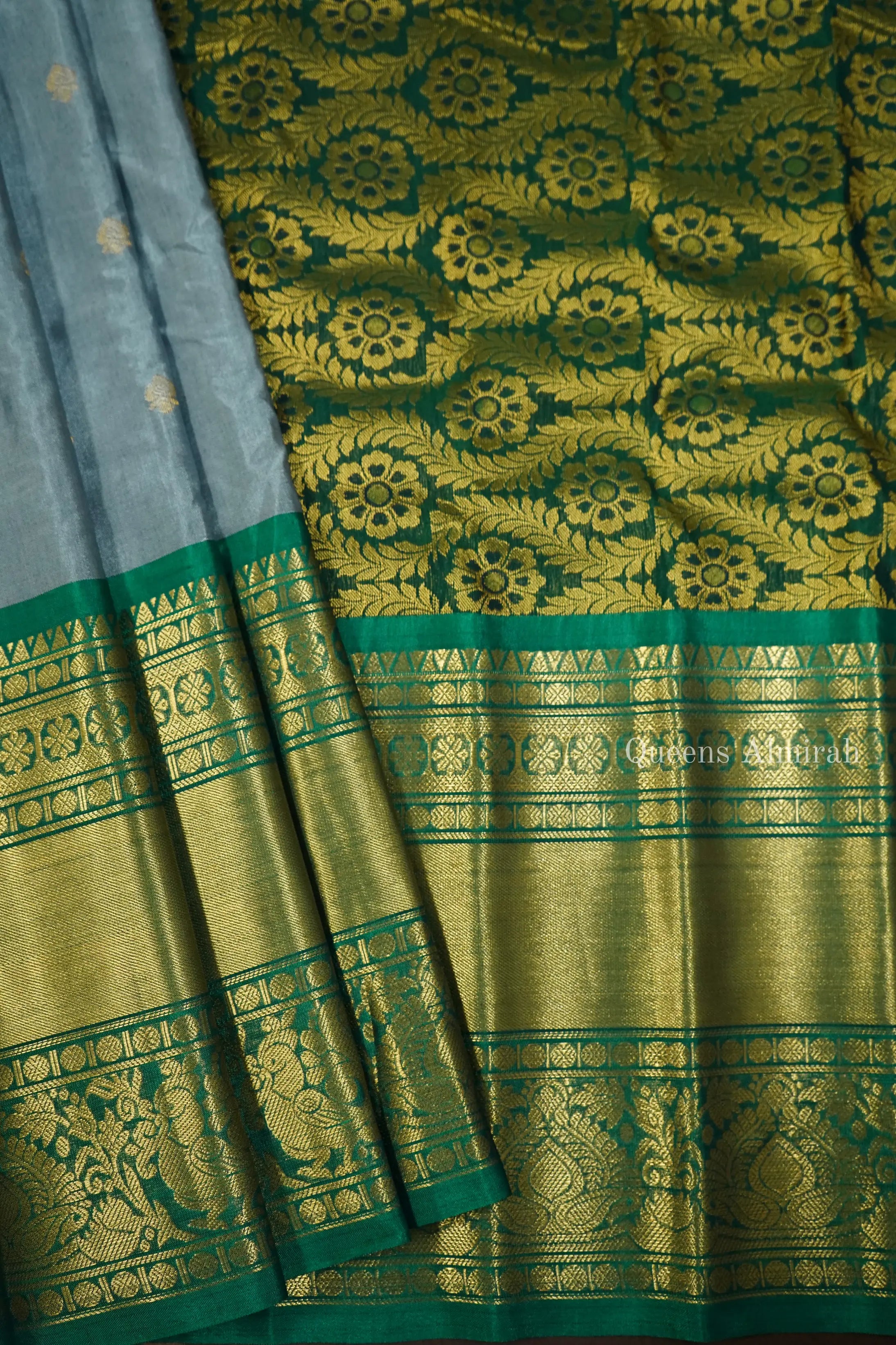 SHUTTLE GREY WITH MINERAL GREEN  MANGALGIRI  GADWAL SAREE - Queens Jewel Emporium