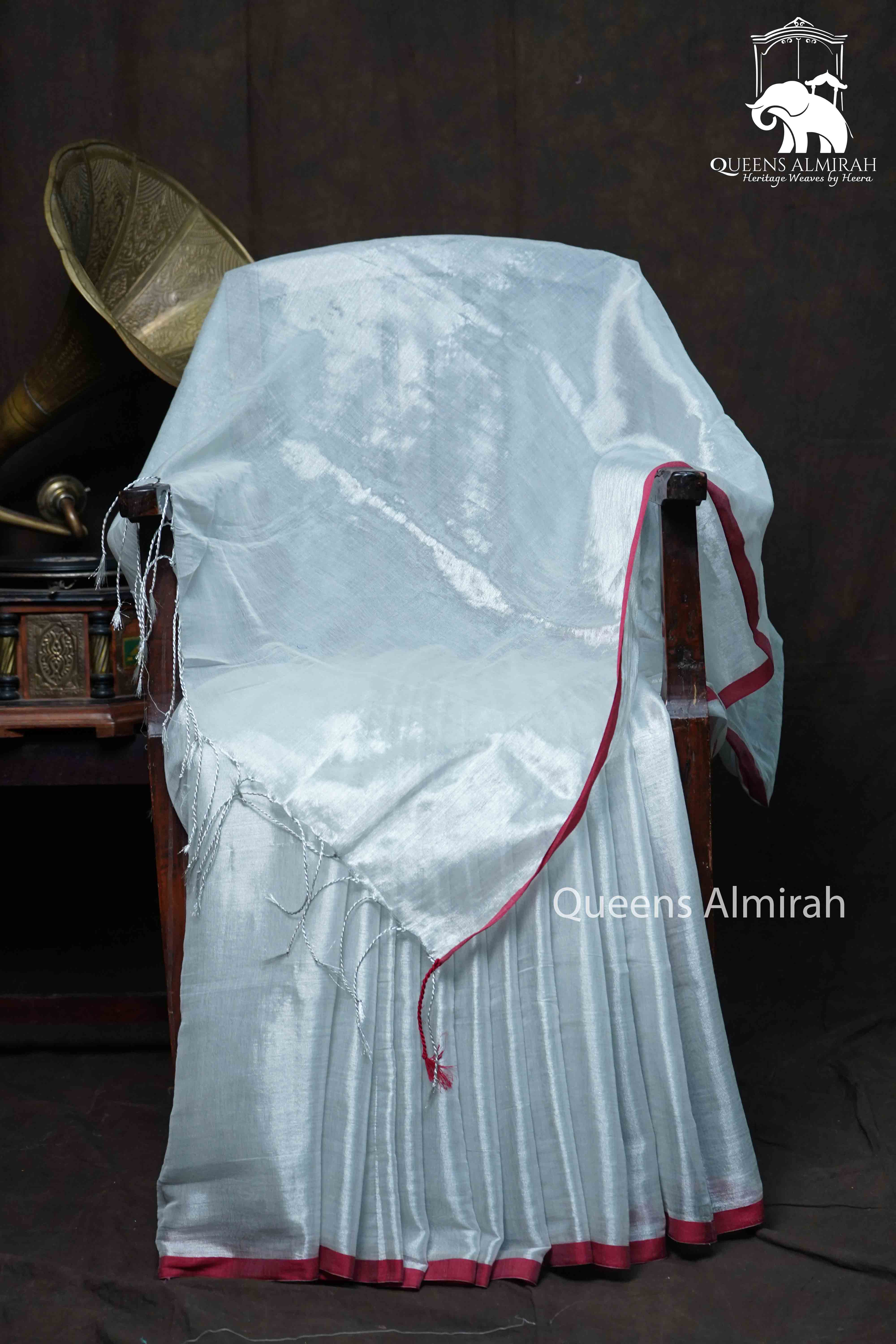 SILVER WITH RED BORDER  LINEN TISSUE SAREE - Queens Jewel Emporium