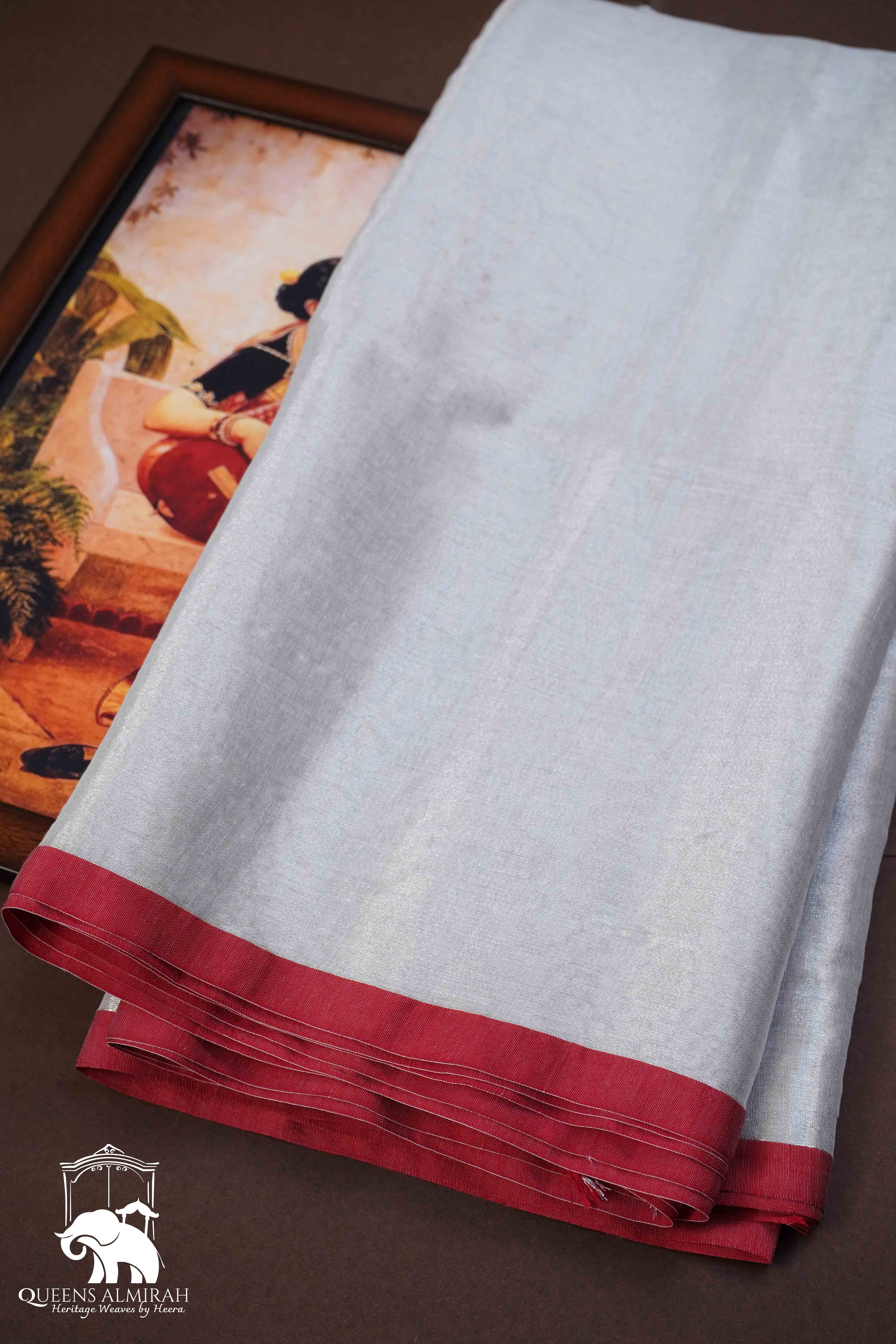 SILVER WITH RED BORDER  LINEN TISSUE SAREE - Queens Jewel Emporium