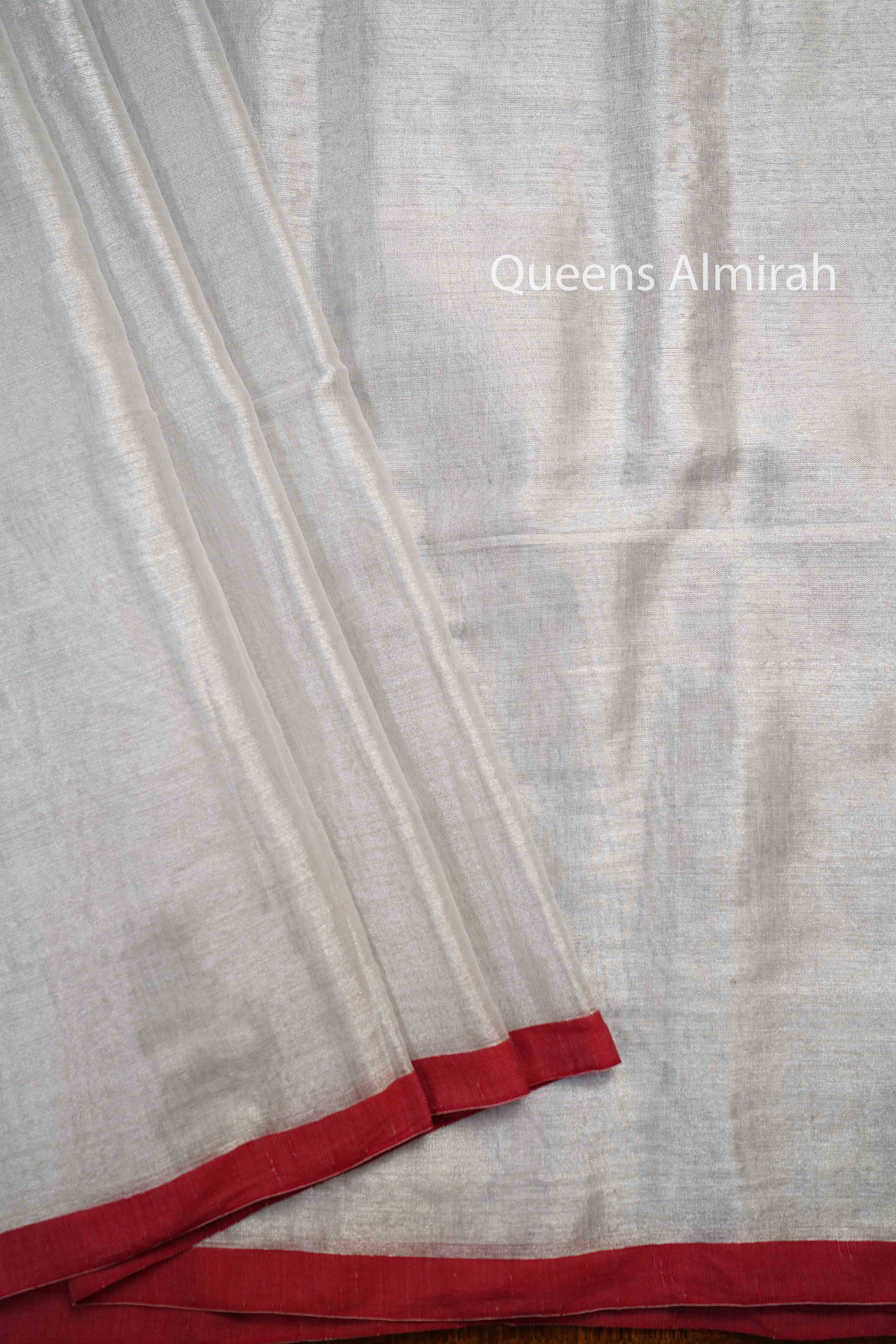 SILVER WITH RED BORDER  LINEN TISSUE SAREE - Queens Jewel Emporium