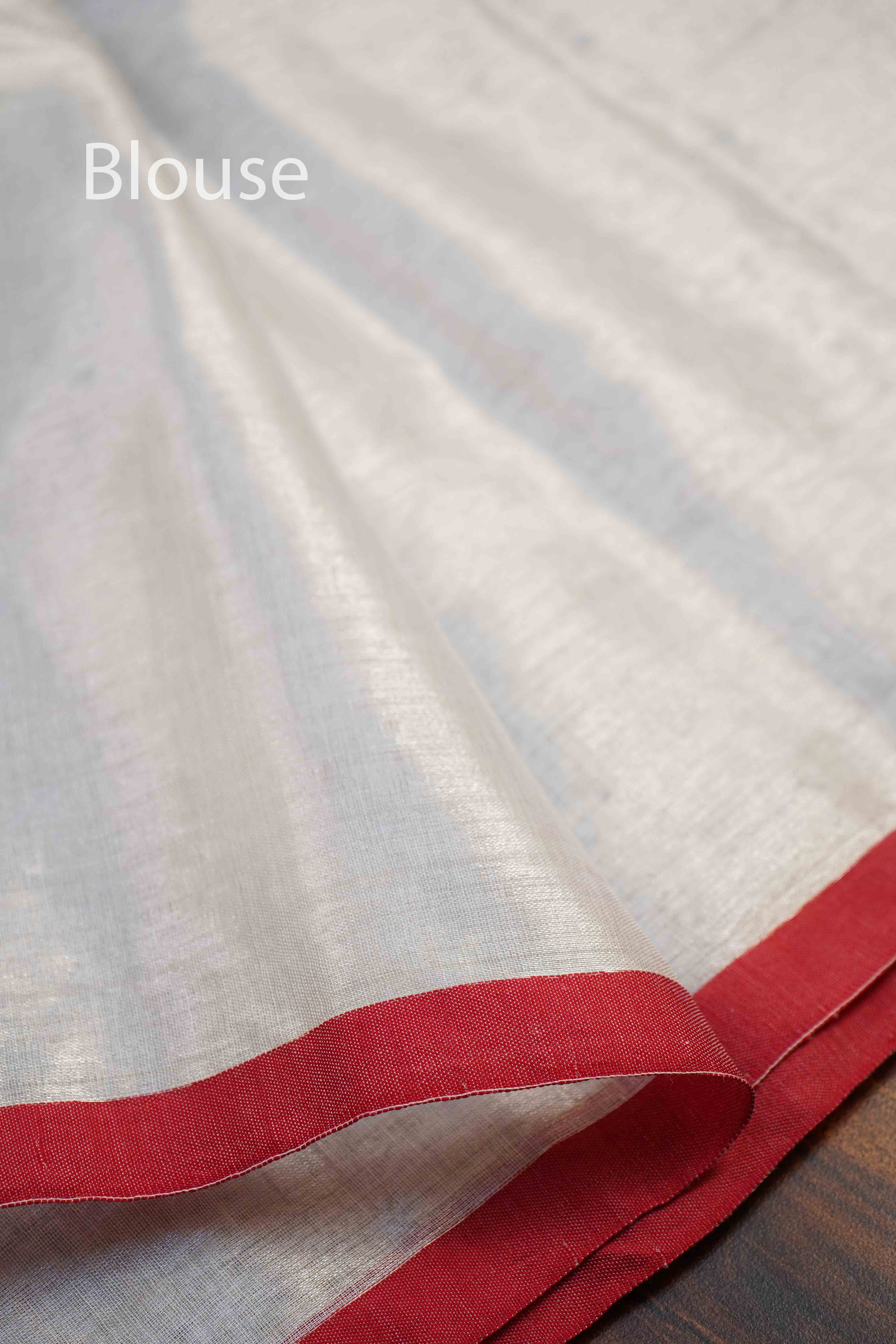 SILVER WITH RED BORDER  LINEN TISSUE SAREE - Queens Jewel Emporium