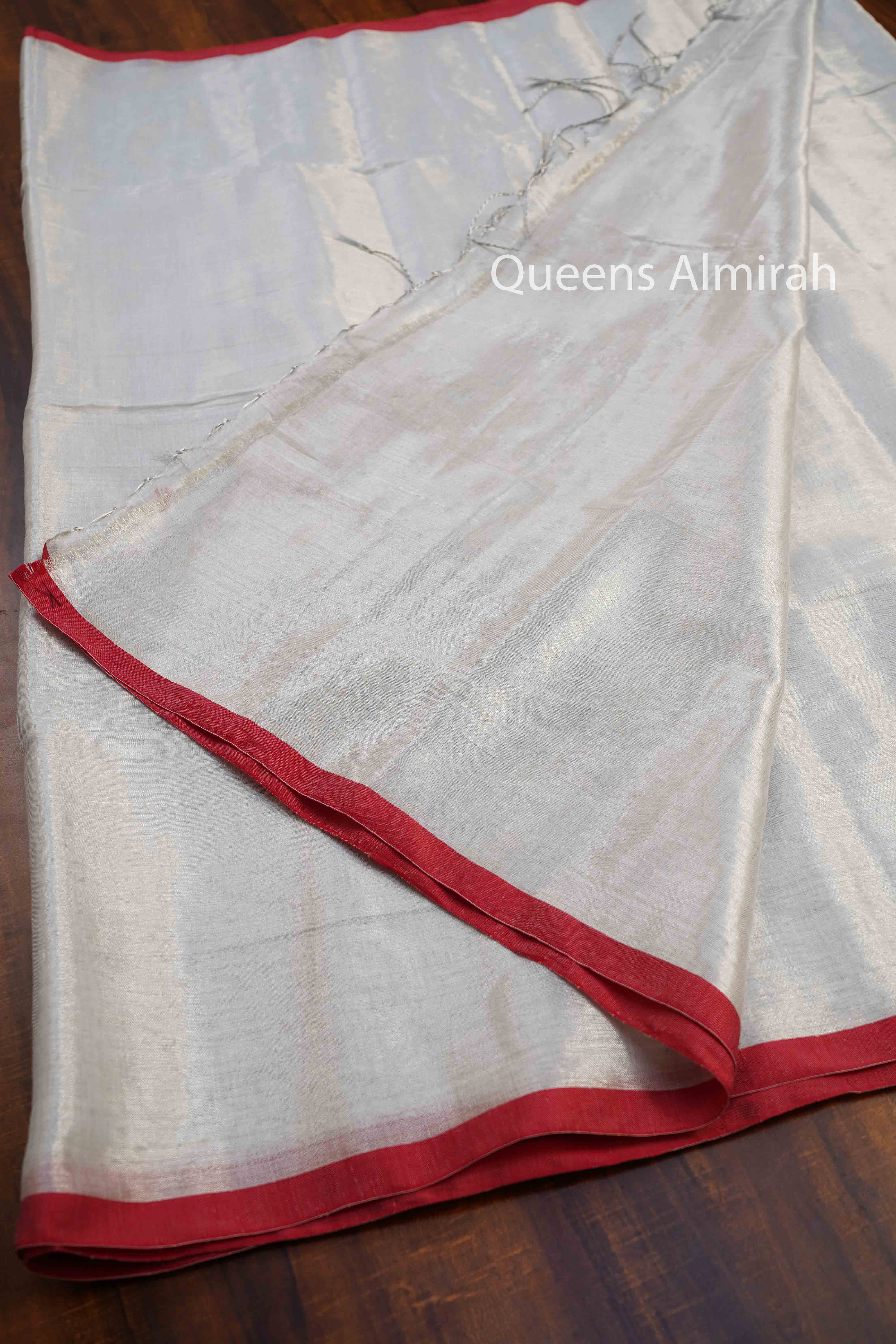 SILVER WITH RED BORDER  LINEN TISSUE SAREE - Queens Jewel Emporium