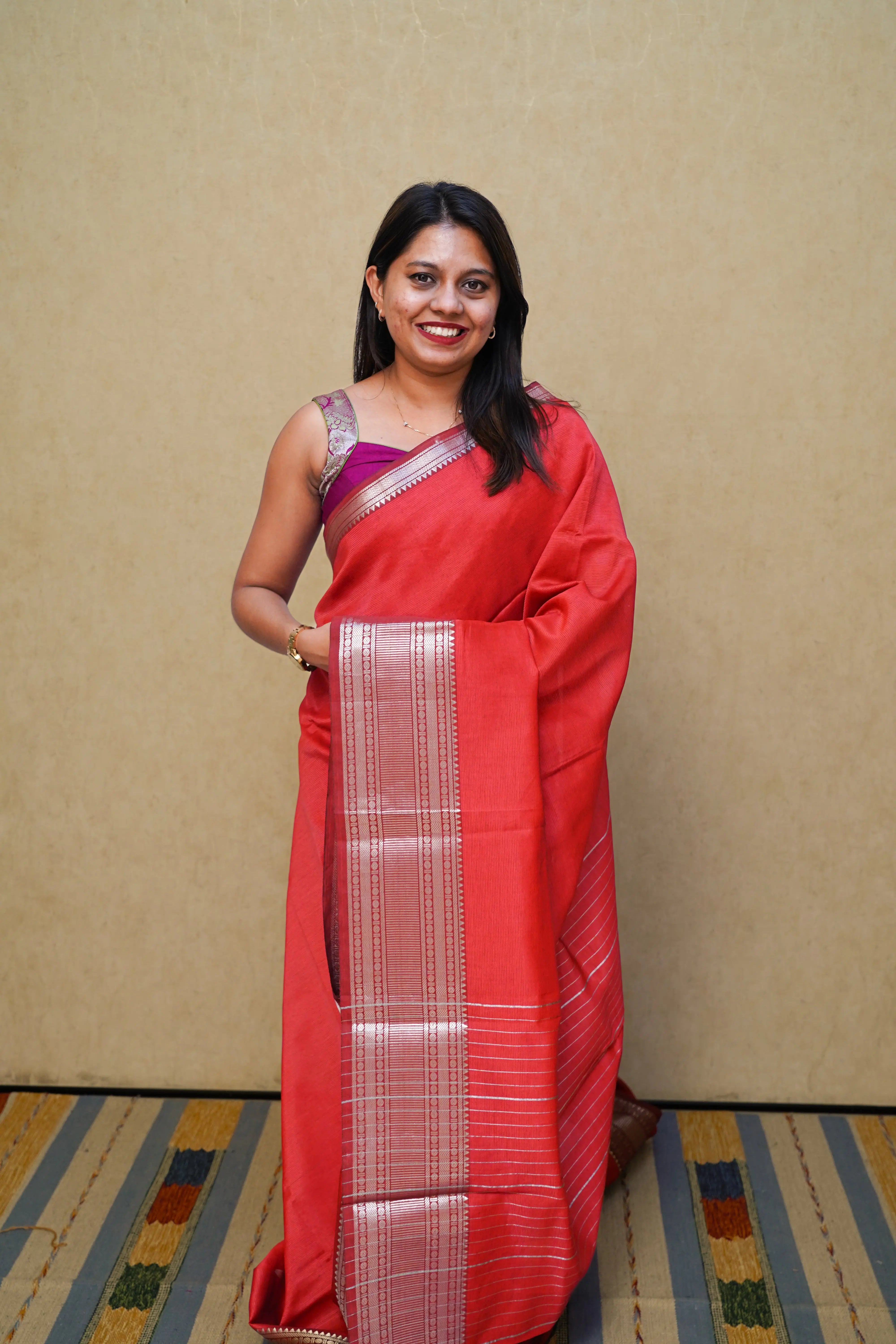 SINDOOR RED  WITH WOVEN BORDER MANGALGIRI SAREE - Queens Jewel Emporium