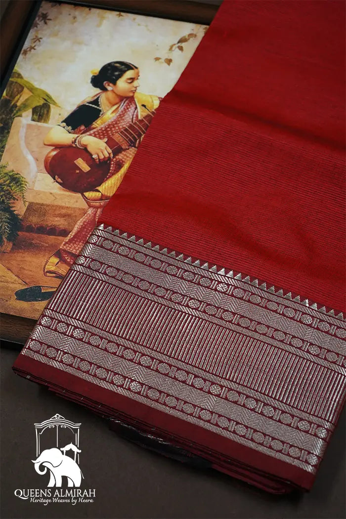 SINDOOR RED  WITH WOVEN BORDER MANGALGIRI SAREE - Queens Jewel Emporium