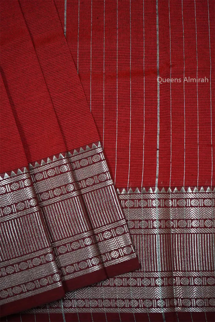 SINDOOR RED  WITH WOVEN BORDER MANGALGIRI SAREE - Queens Jewel Emporium