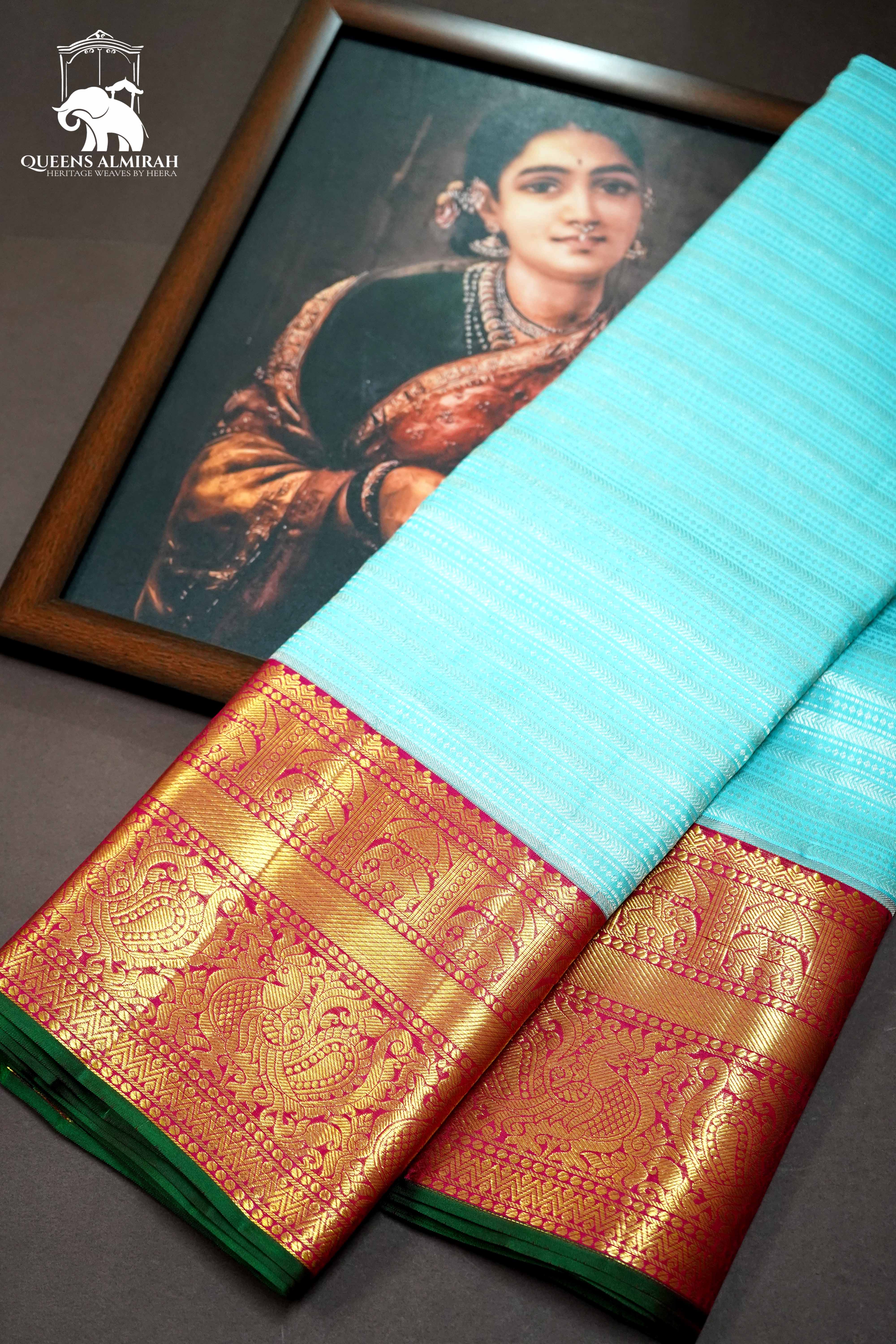 SKY BLUE WITH ROYAL PINK KANCHIVARAM SILK SAREE - Queens Jewel Emporium