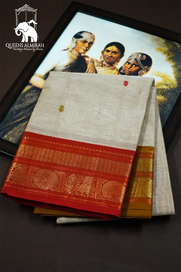 SOFT PEACH WITH RED BROWN KANCHI COTTON SAREE - Queens Jewel Emporium