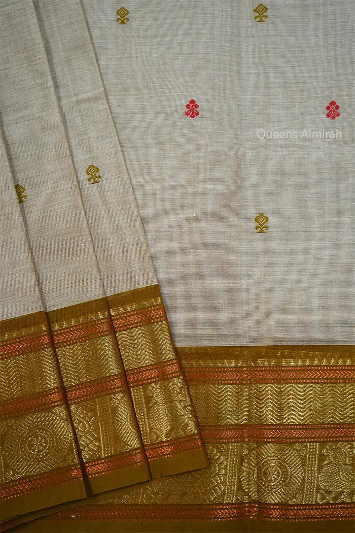 SOFT PEACH WITH RED BROWN KANCHI COTTON SAREE - Queens Jewel Emporium