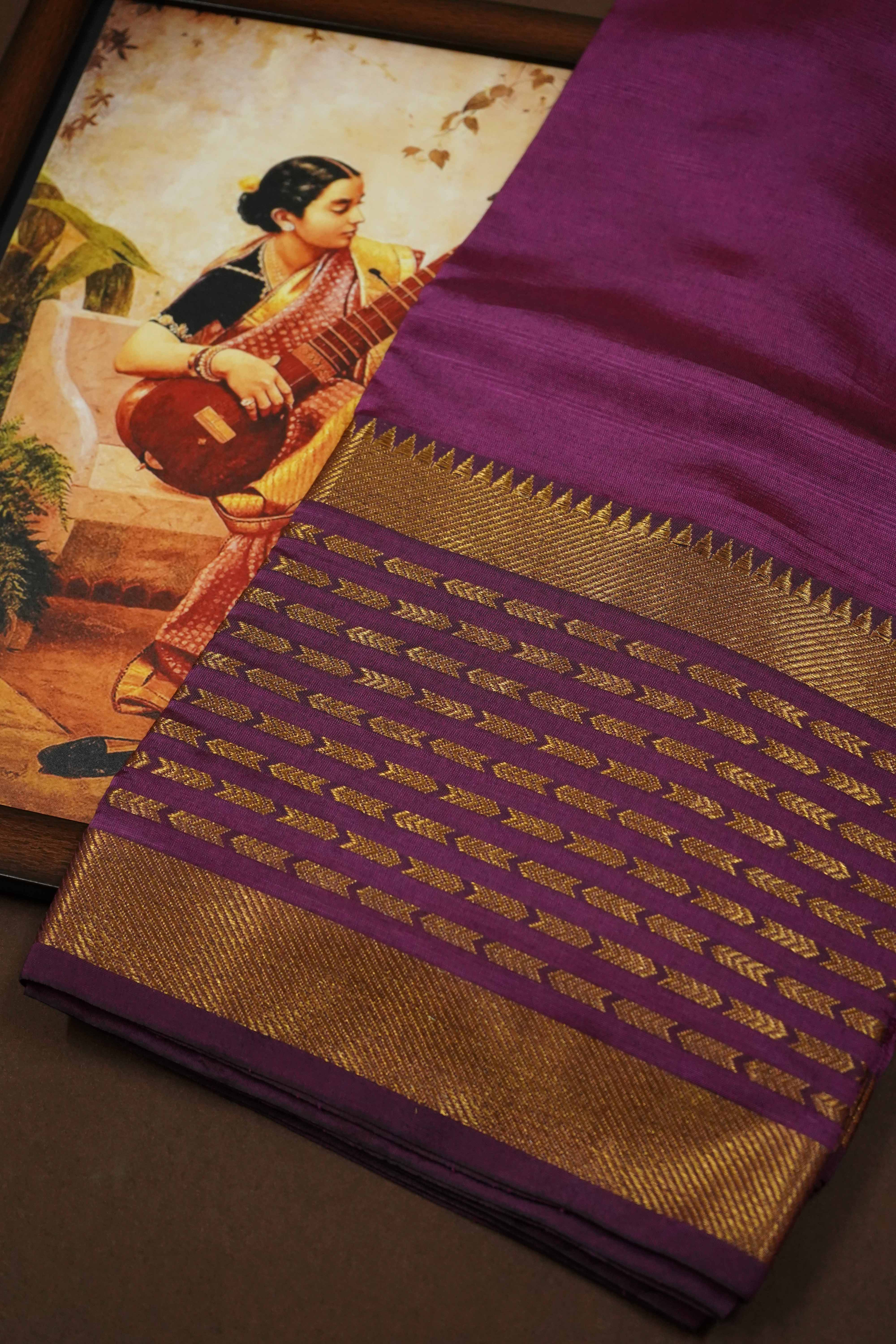 SOFT PURPLE WITH GOLDEN BORDER MANGALGIRI SAREE - Queens Jewel Emporium