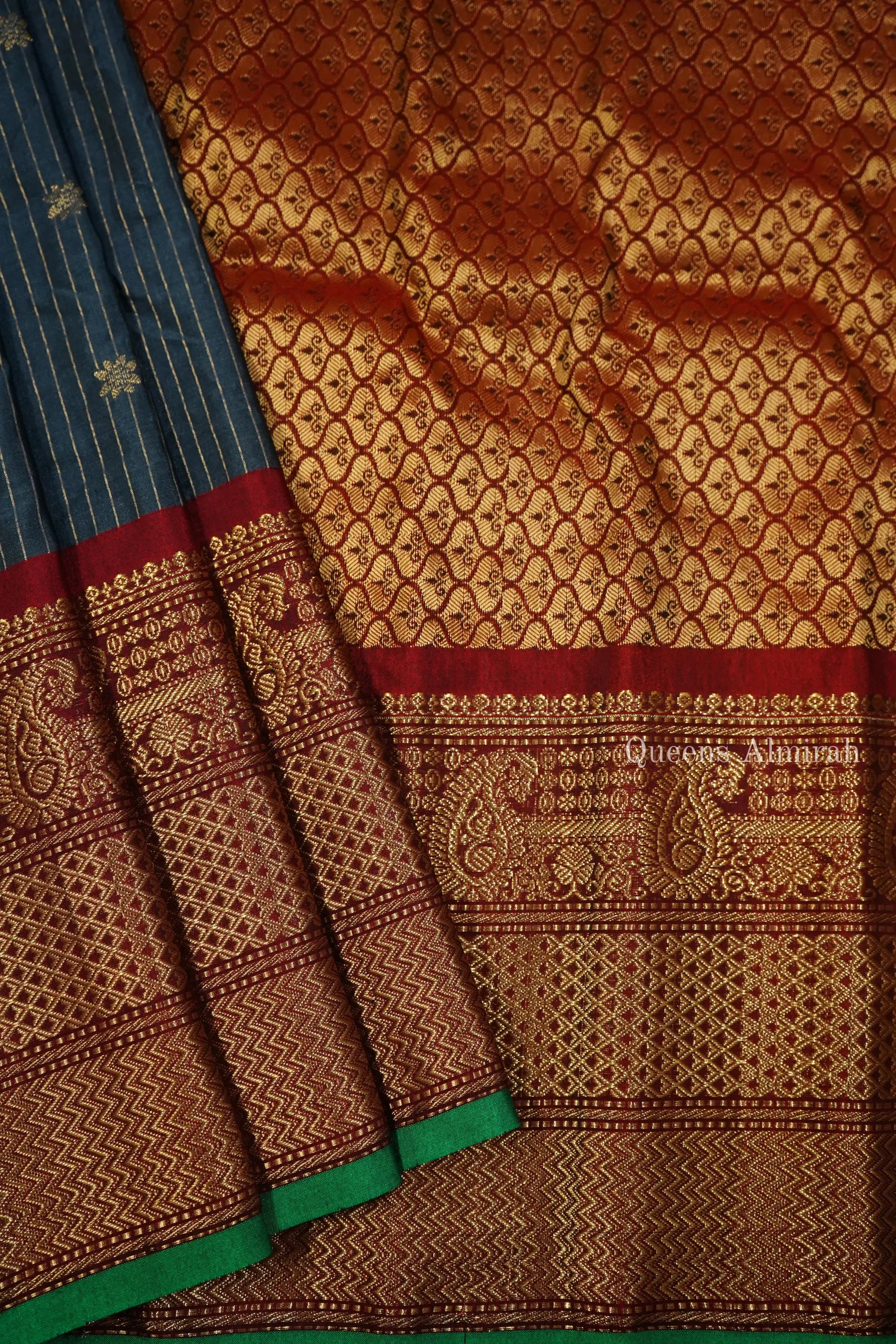 STORM GREY WITH RUST RED AND SHAMROCK GREEN  MANGALGIRI GADWAL SAREE - Queens Jewel Emporium
