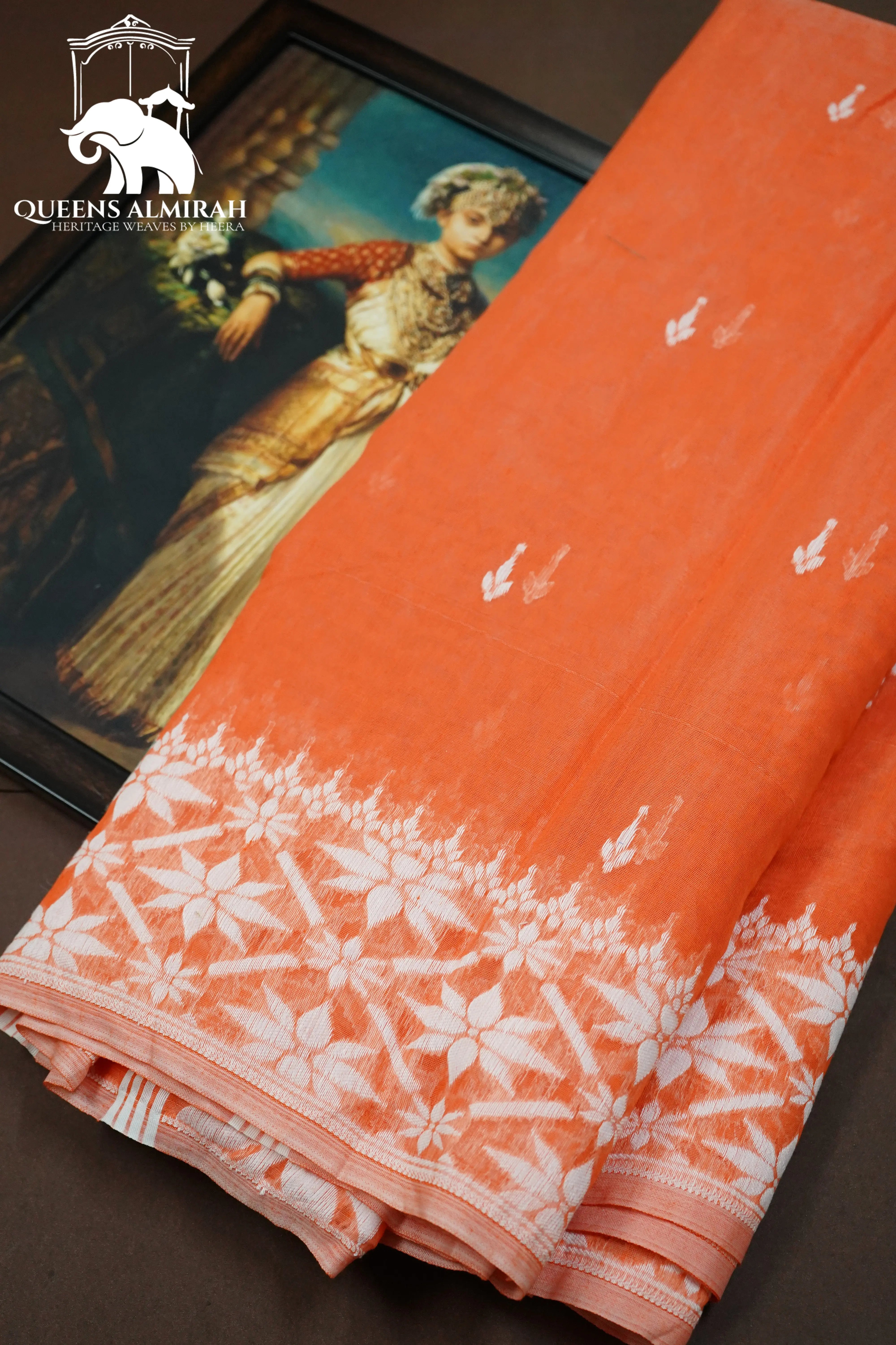 SUNRISE ORANGE JAMDANI COTTON SAREE - Queens Jewel Emporium