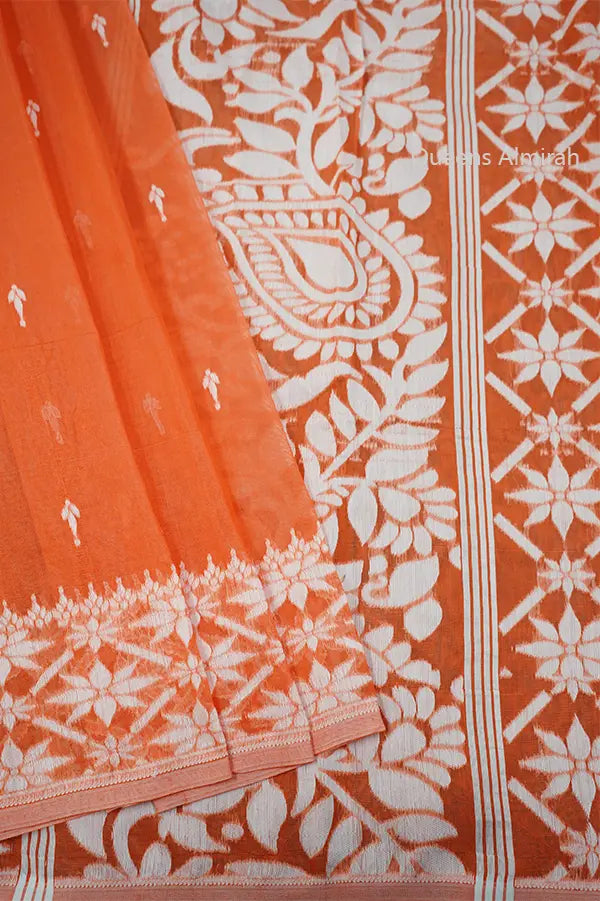 SUNRISE ORANGE JAMDANI COTTON SAREE - Queens Jewel Emporium