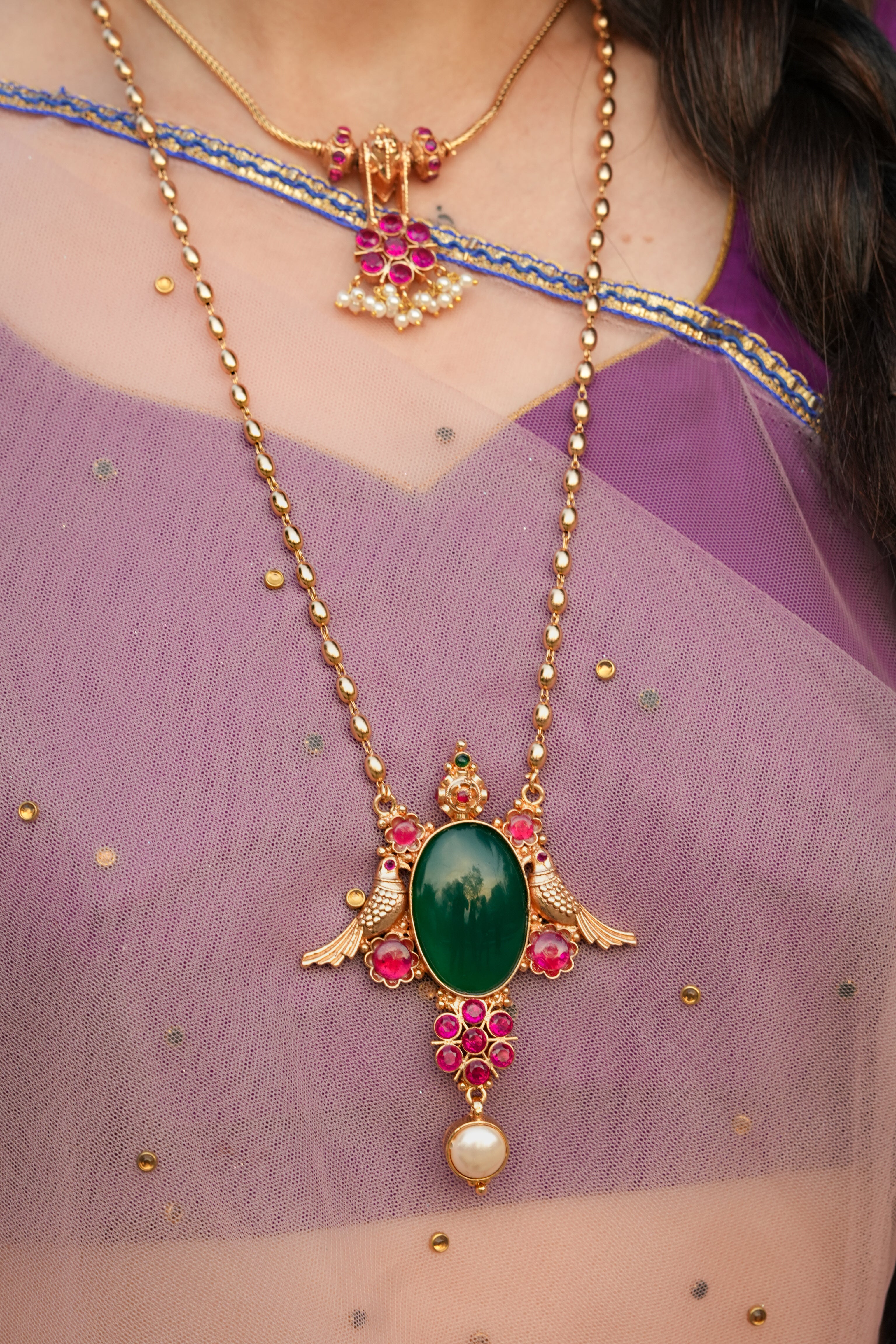 Green Onyx stone pendant , Nagas Peacock Haram, Pearl Hanging 
