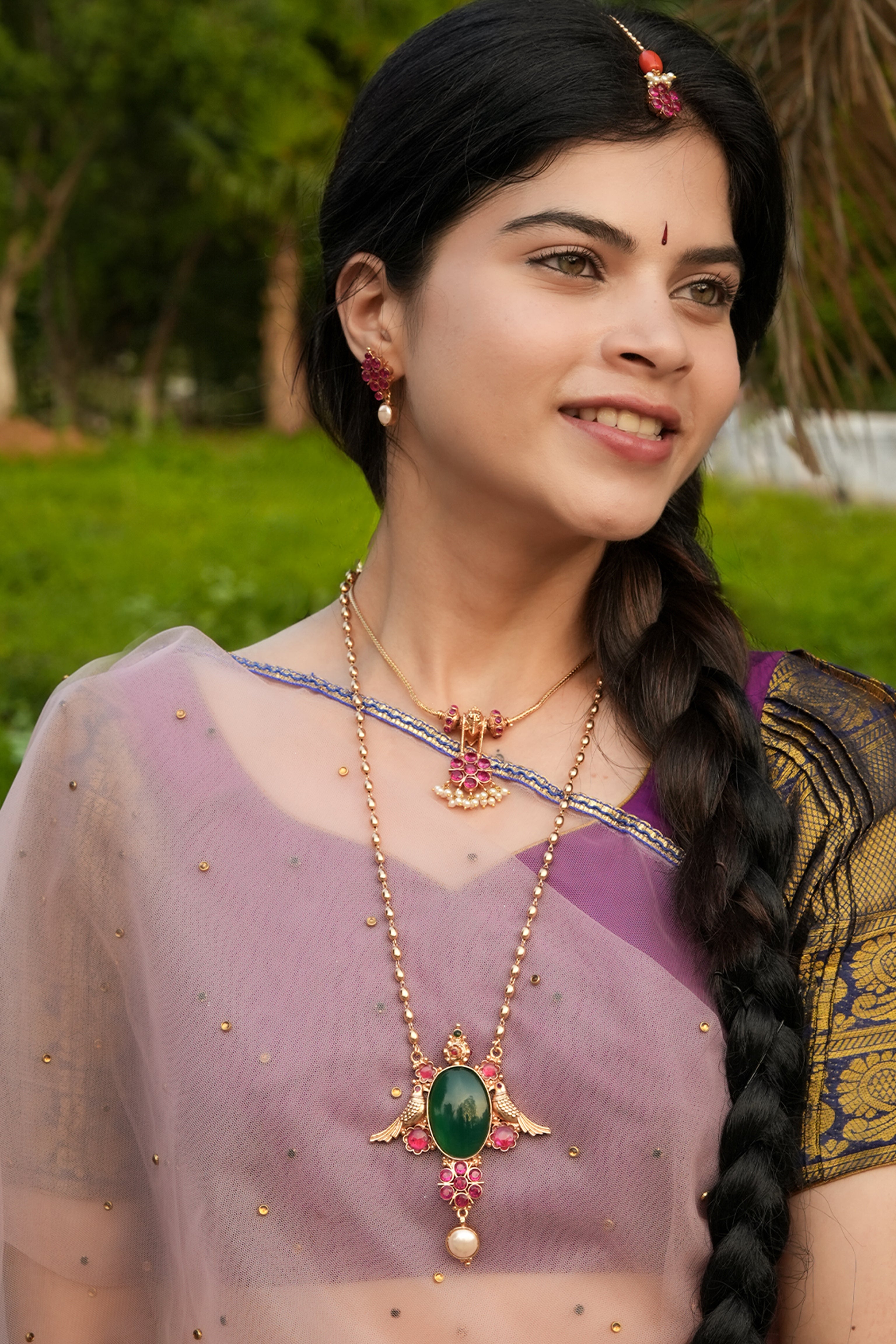 Green Onyx stone pendant , Nagas Peacock Haram, Pearl Hanging 