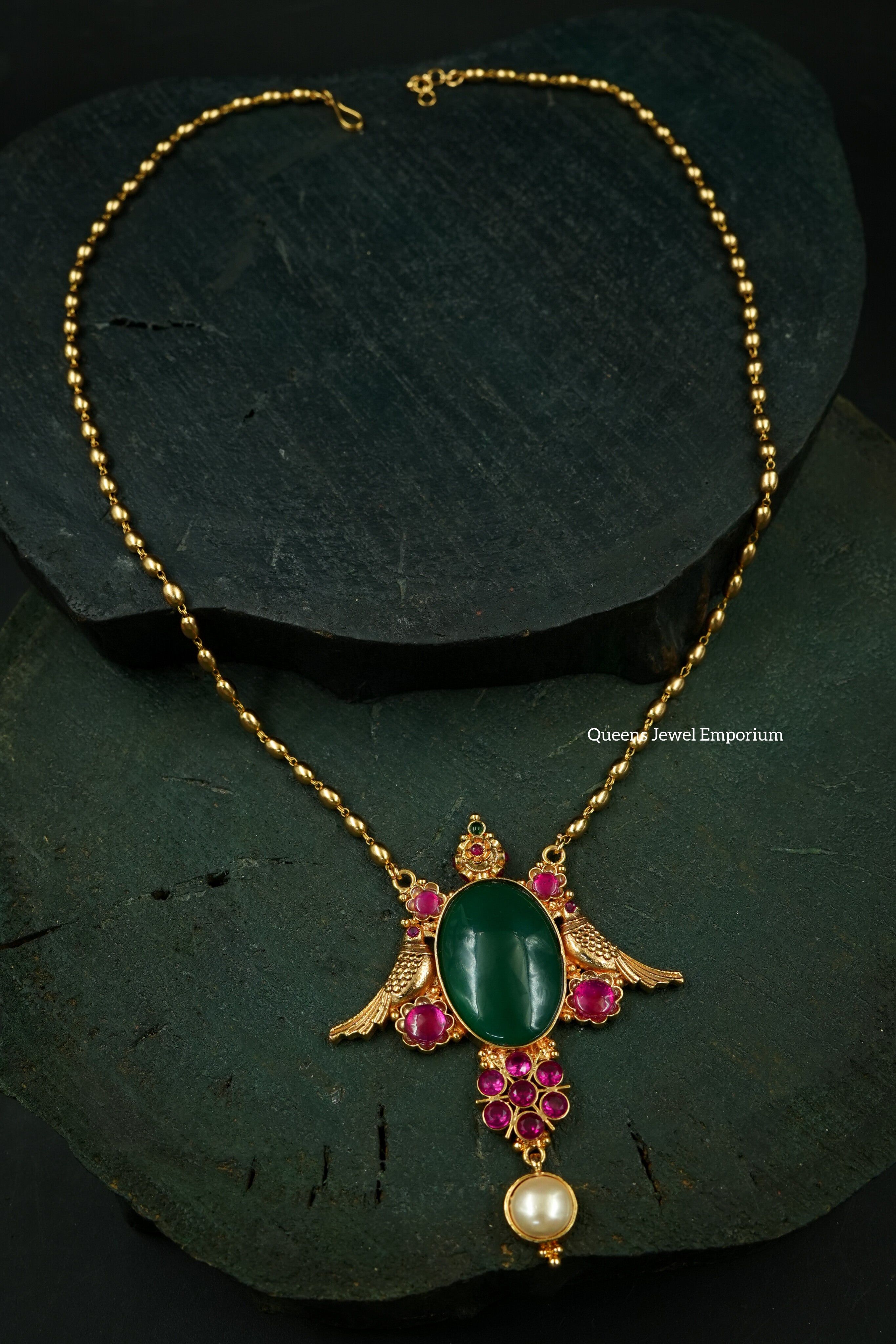 Green Onyx stone pendant , Nagas Peacock Haram, Zircon stone Haram