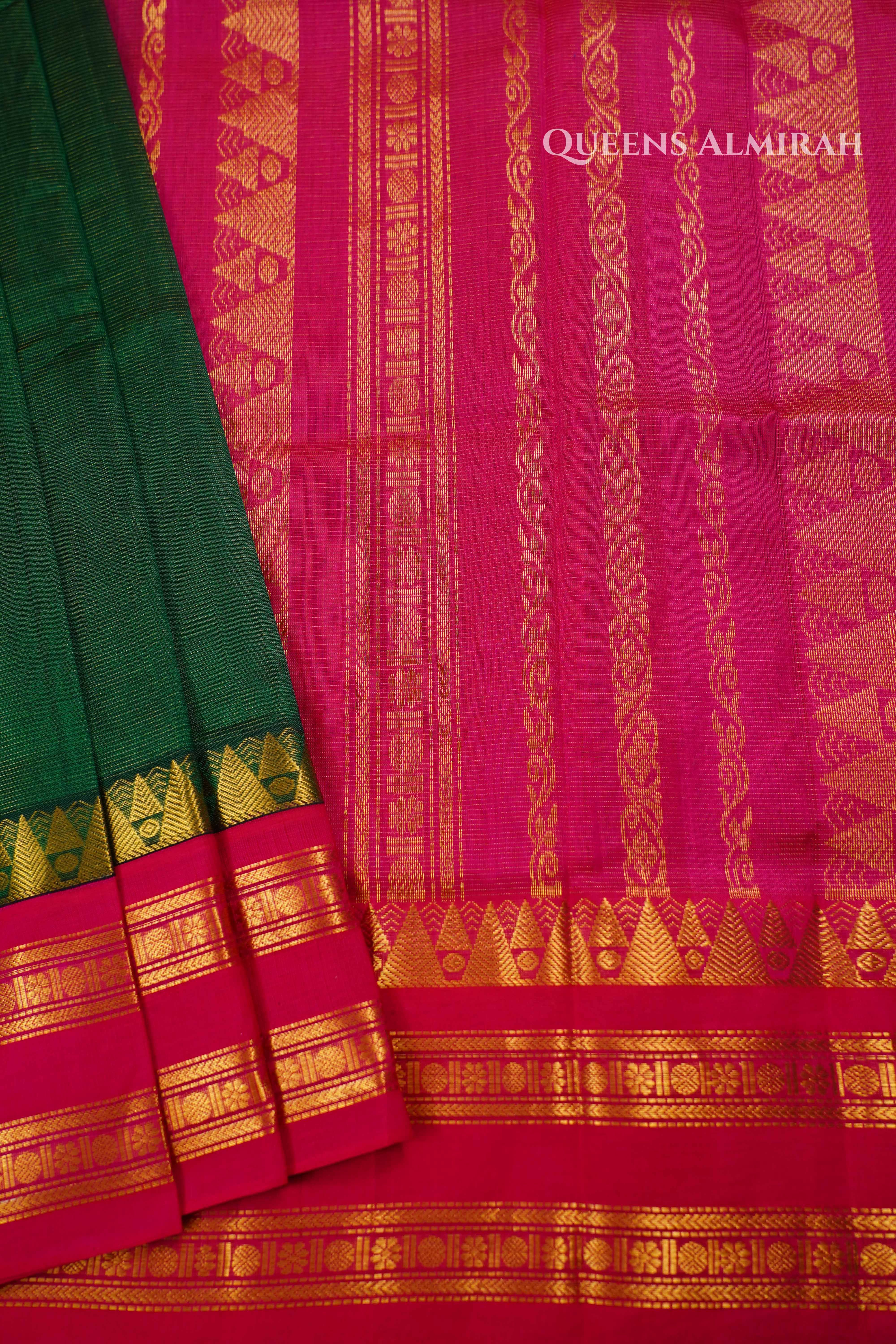 Silk Cotton Saree -Bottle Green and Rani Pink Vaira Oosi Saree QUEENS ALMIRAH
