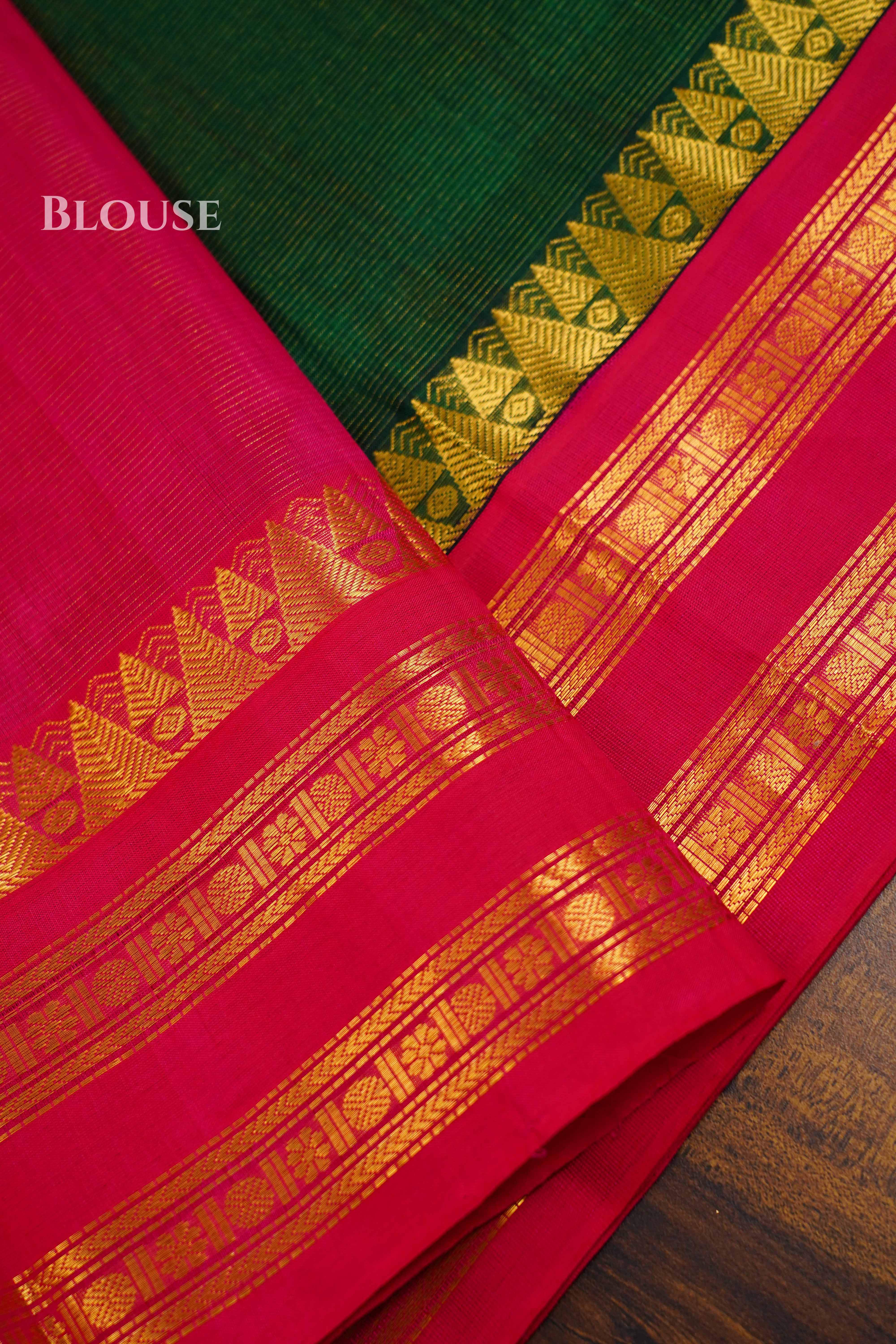Silk Cotton Saree -Bottle Green and Rani Pink Vaira Oosi Saree QUEENS ALMIRAH