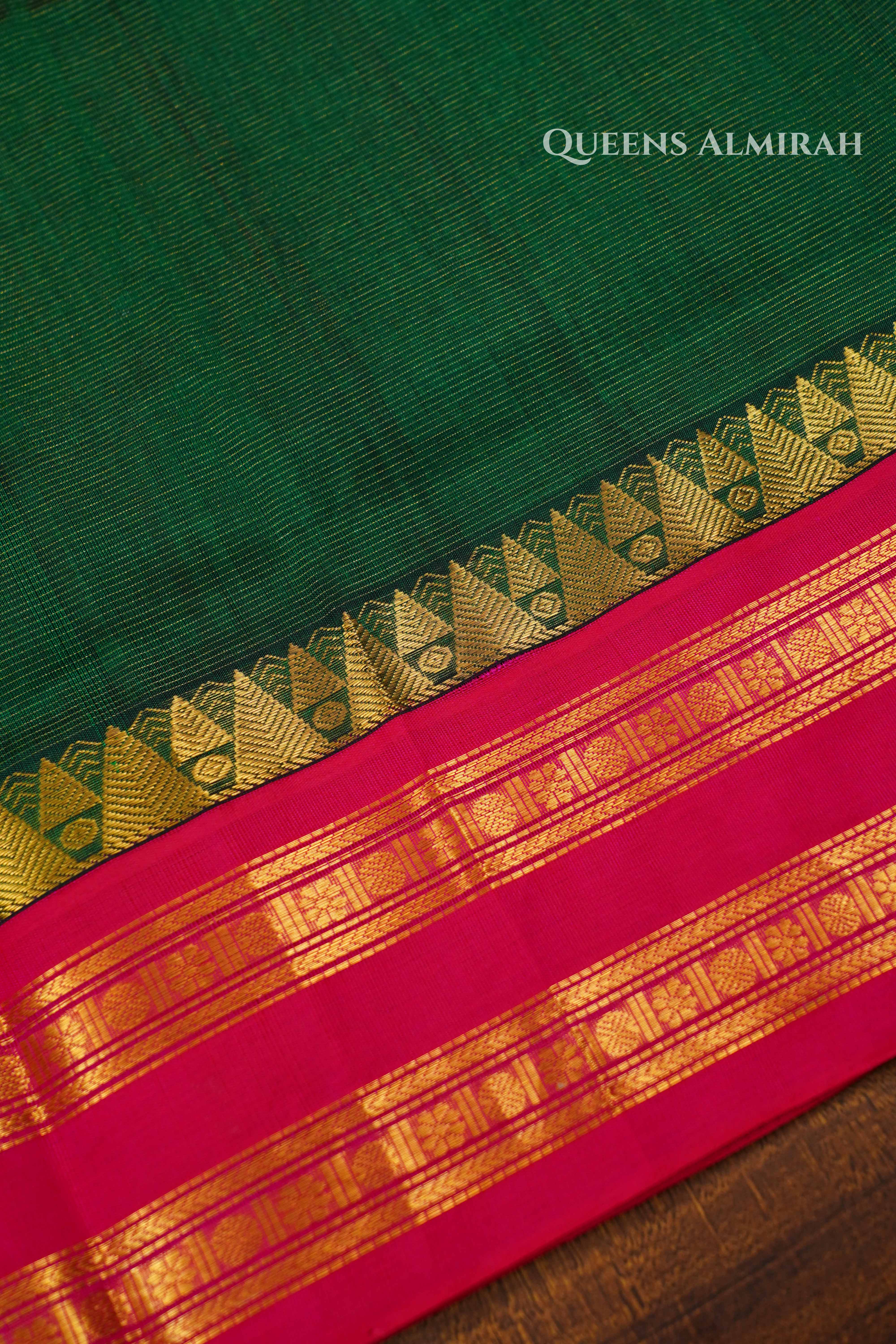 Silk Cotton Saree -Bottle Green and Rani Pink Vaira Oosi Saree QUEENS ALMIRAH