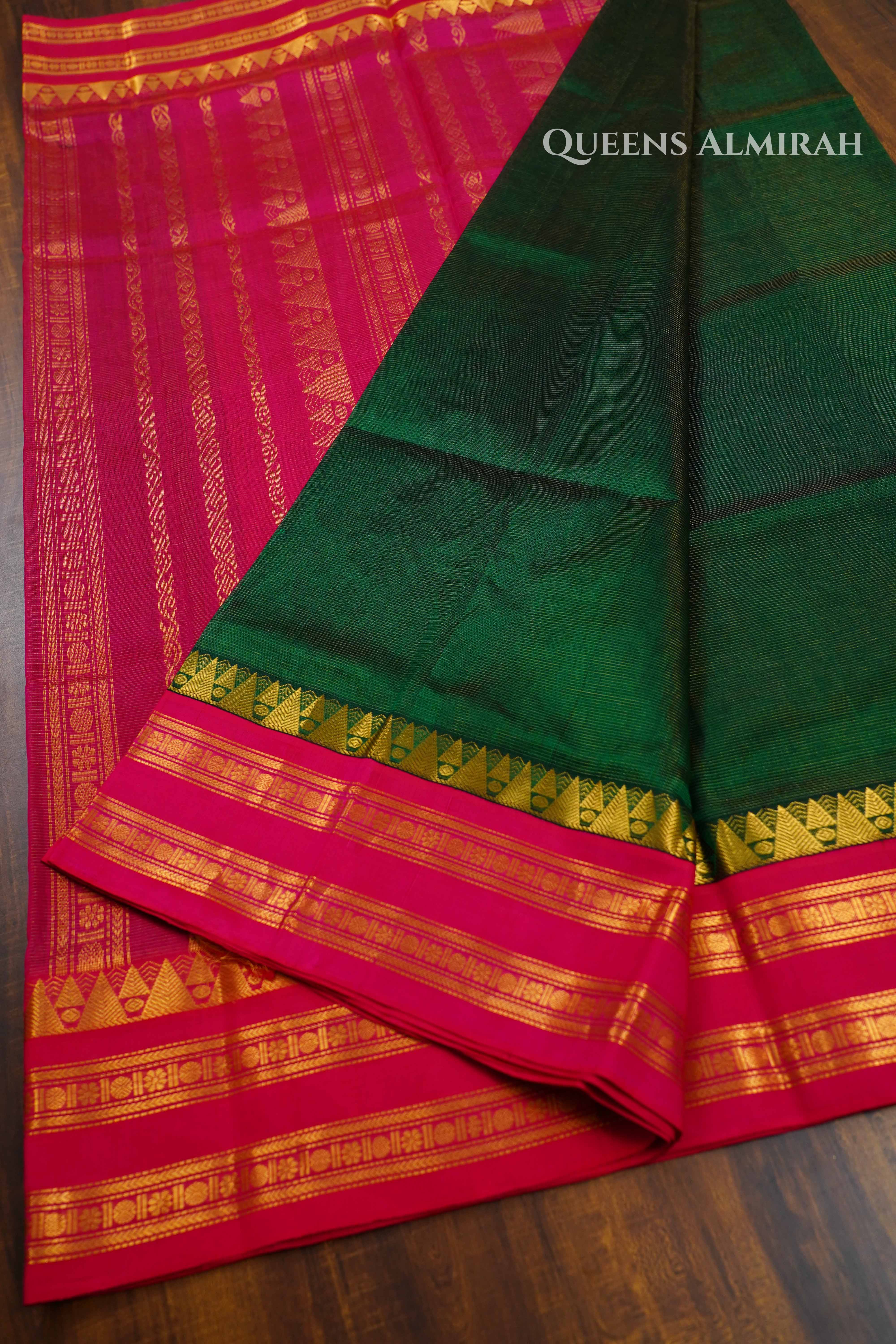 Silk Cotton Saree -Bottle Green and Rani Pink Vaira Oosi Saree QUEENS ALMIRAH