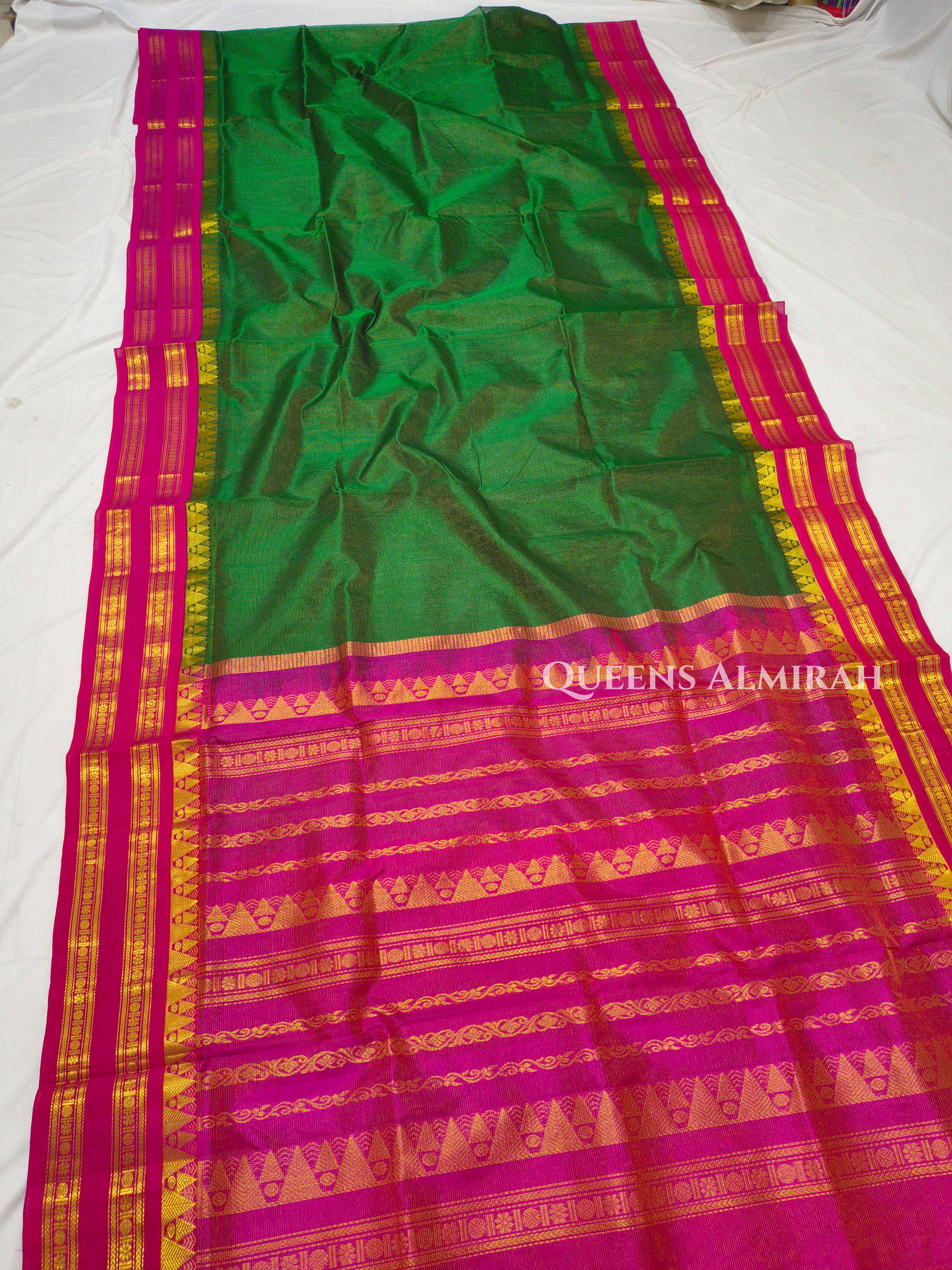 Silk Cotton Saree -Bottle Green and Rani Pink Vaira Oosi Saree QUEENS ALMIRAH