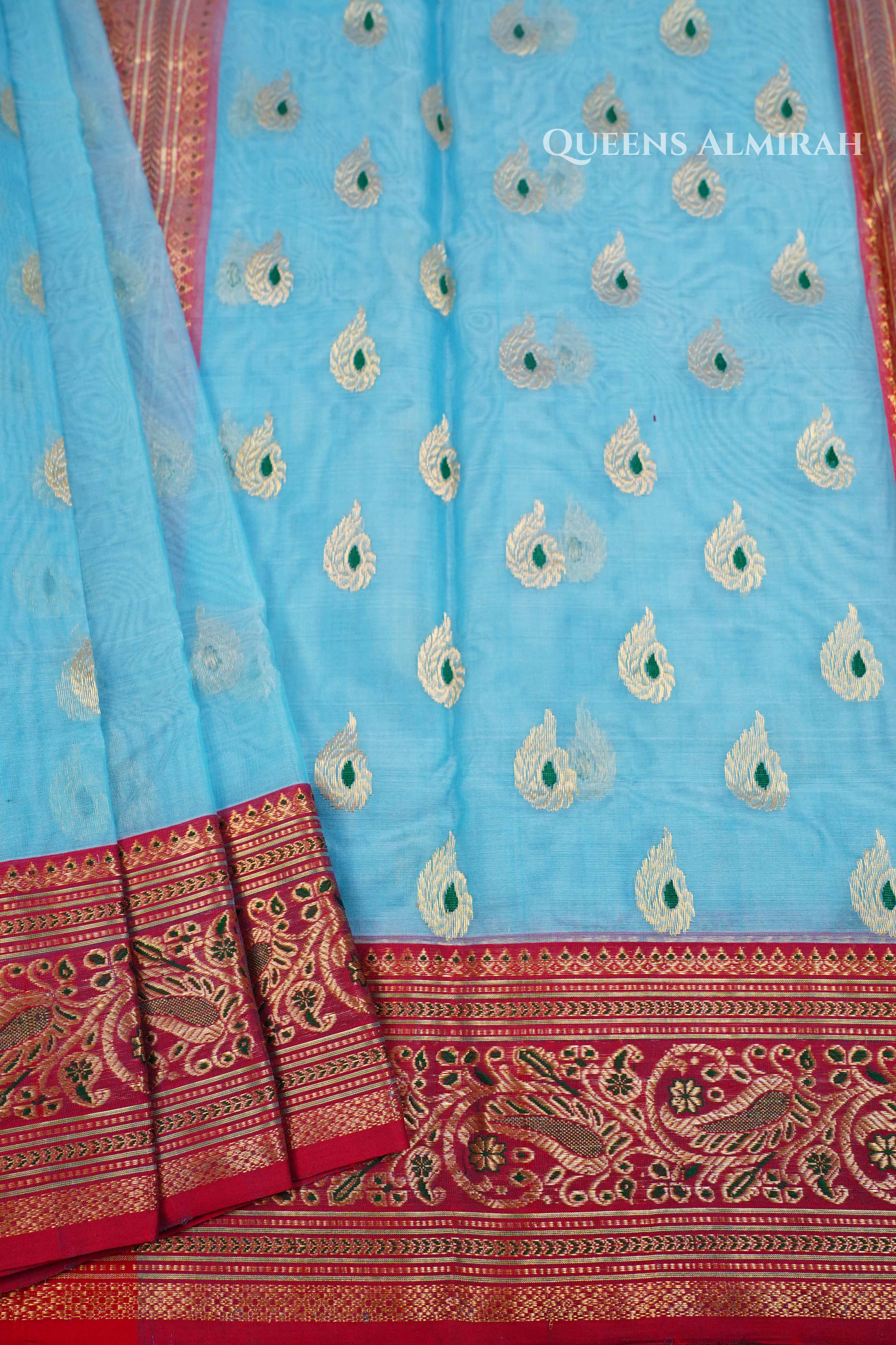 Sky Blue Chanderi Katan Silk Handloom Saree QUEENS ALMIRAH