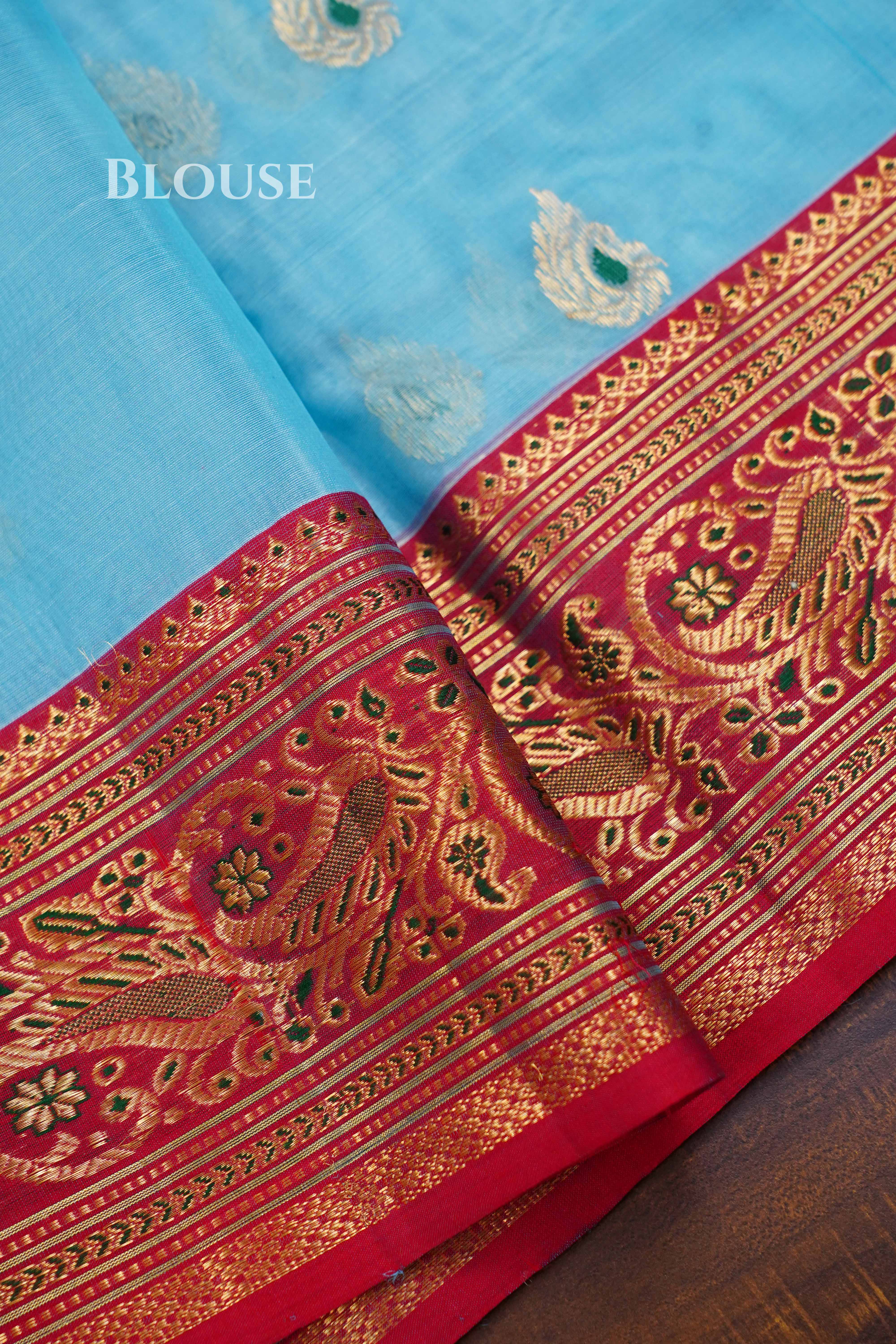 Sky Blue Chanderi Katan Silk Handloom Saree QUEENS ALMIRAH