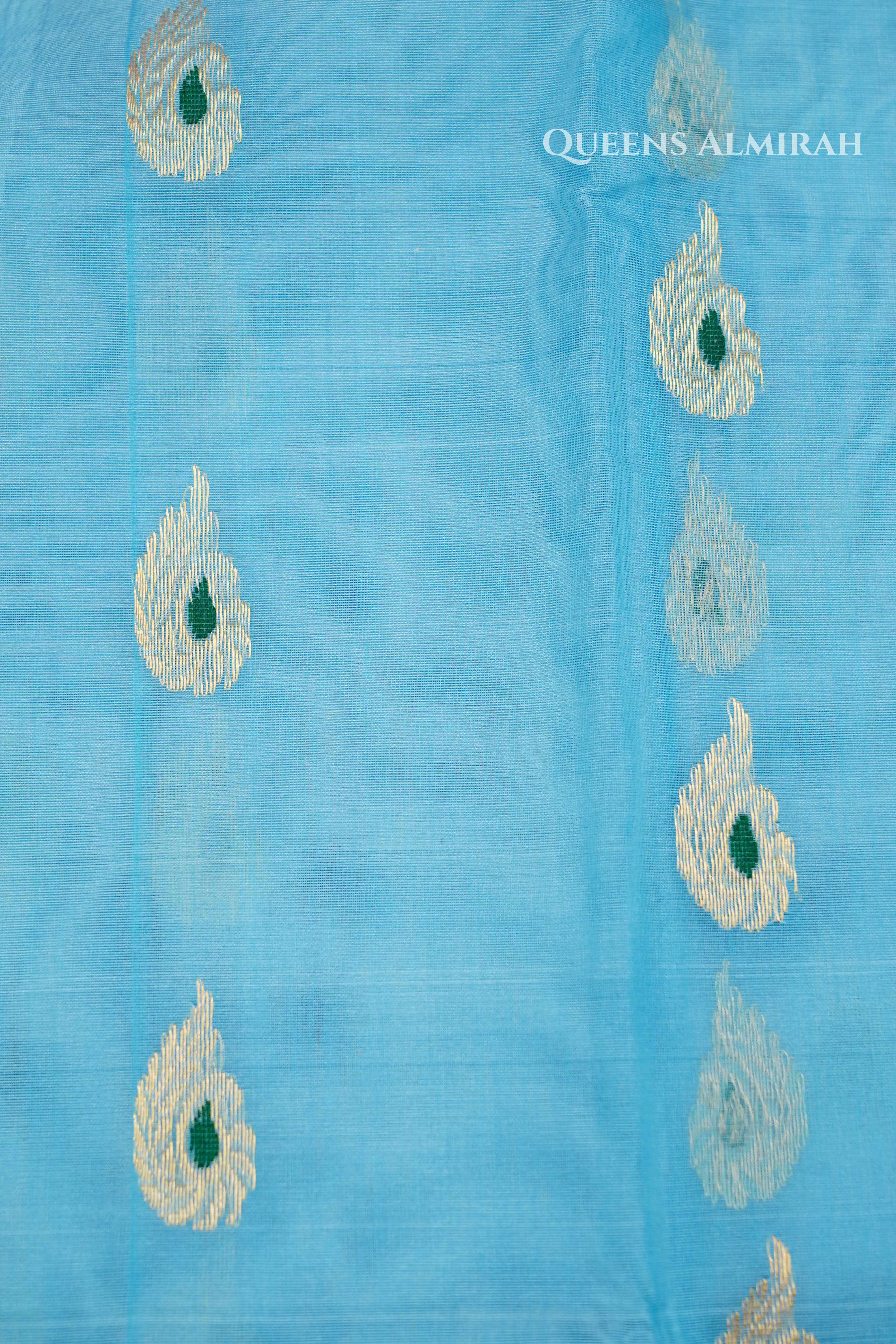 Sky Blue Chanderi Katan Silk Handloom Saree QUEENS ALMIRAH