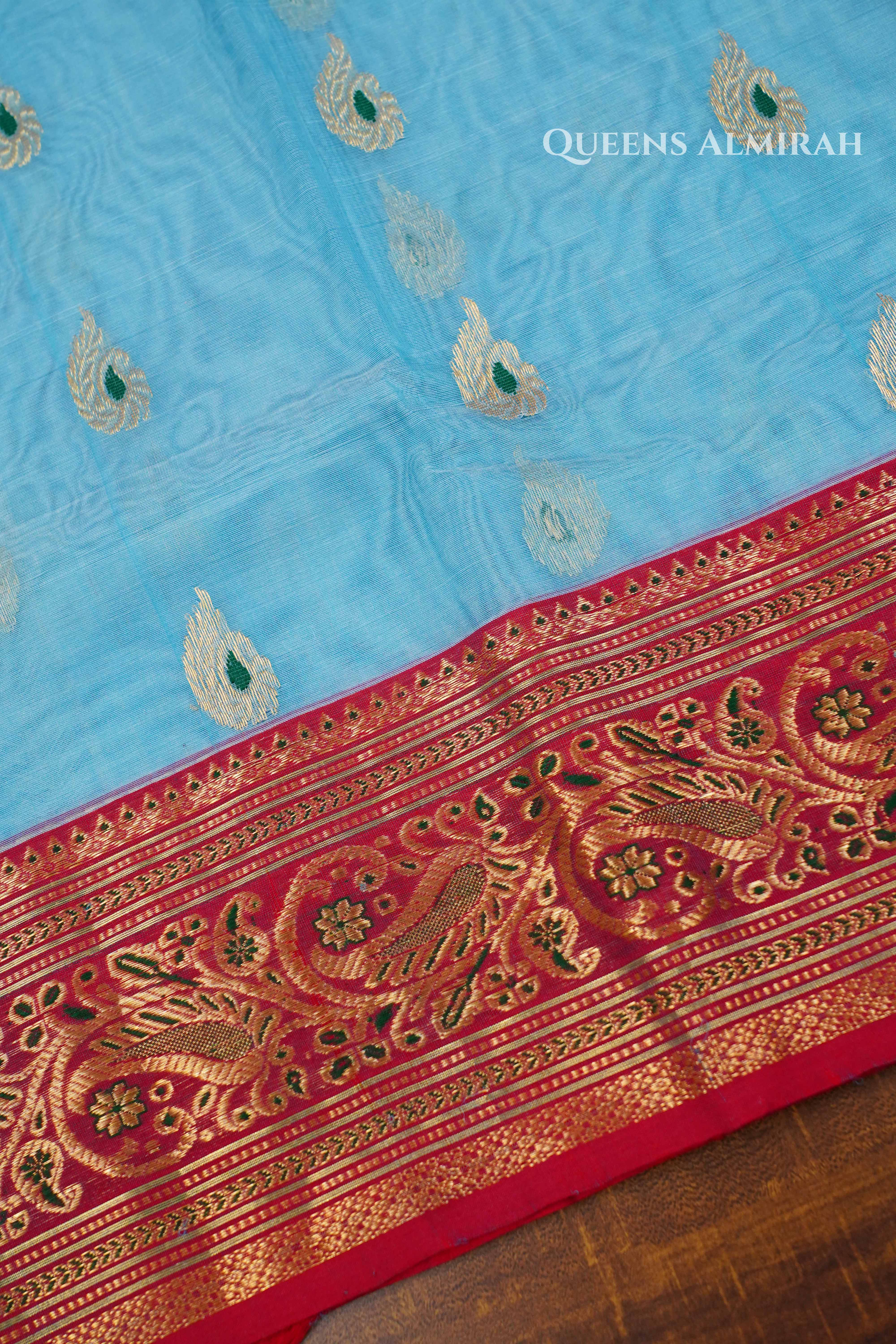Sky Blue Chanderi Katan Silk Handloom Saree QUEENS ALMIRAH