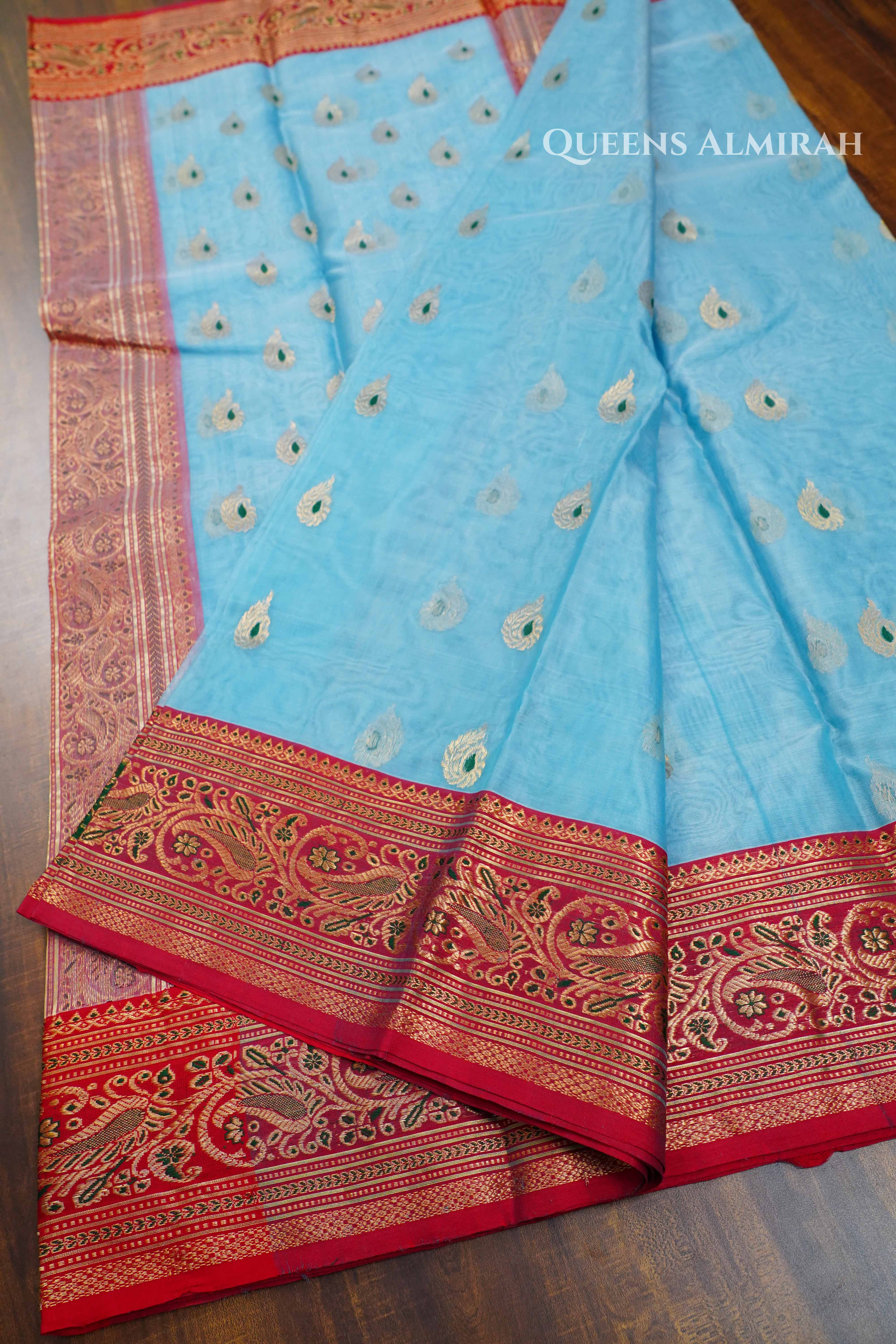 Sky Blue Chanderi Katan Silk Handloom Saree QUEENS ALMIRAH