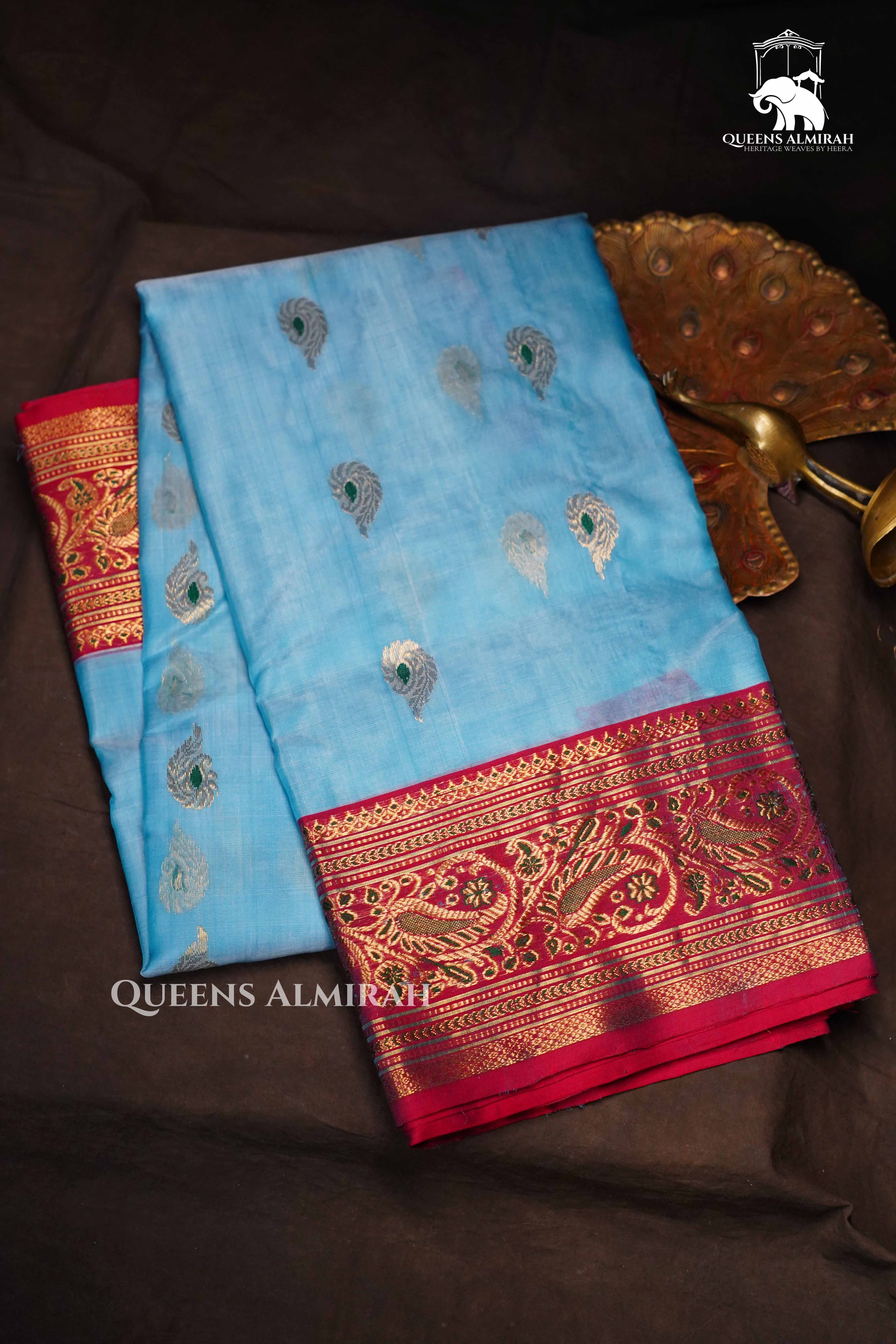 Sky Blue Chanderi Katan Silk Handloom Saree QUEENS ALMIRAH