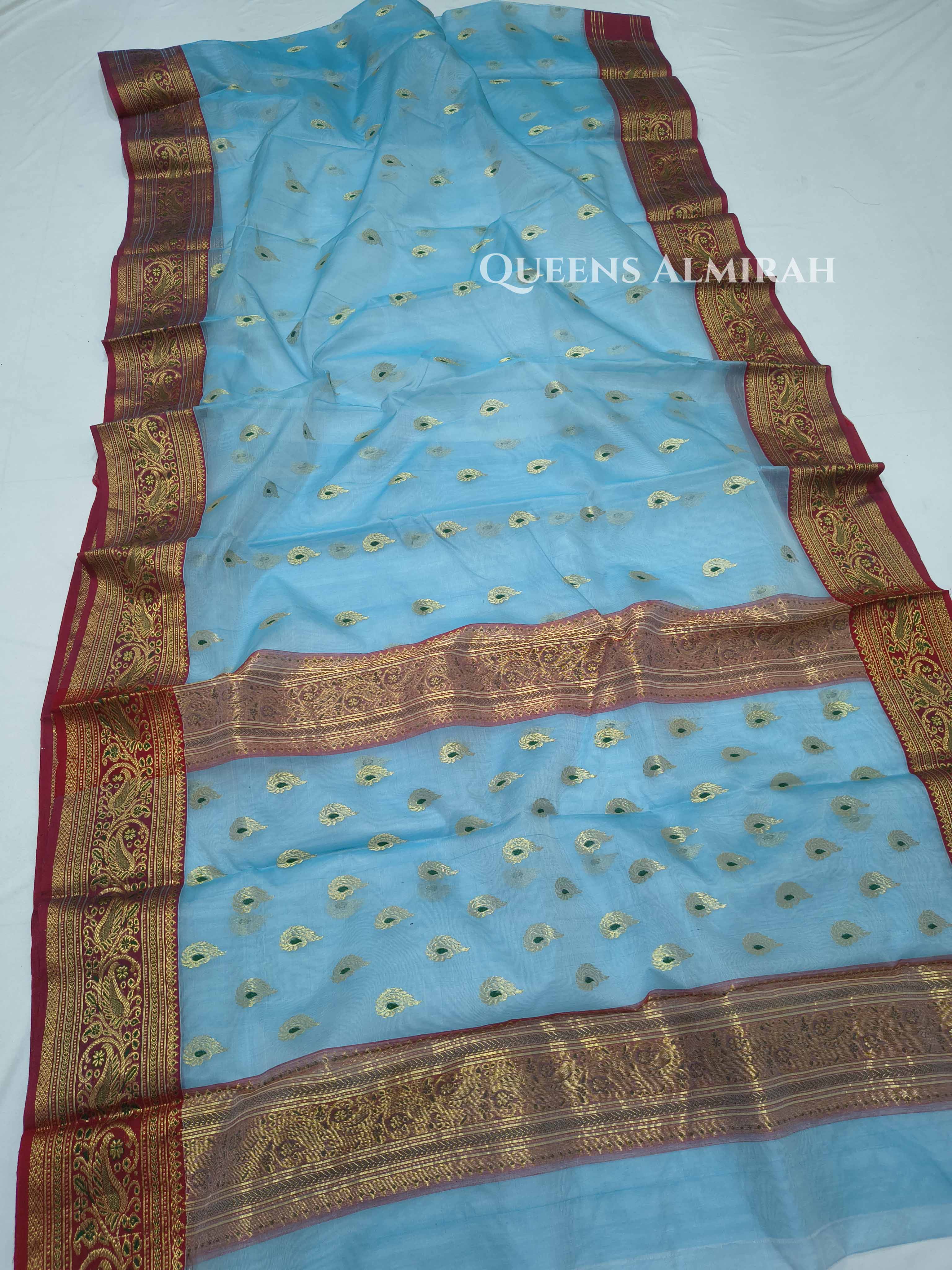 Sky Blue Chanderi Katan Silk Handloom Saree QUEENS ALMIRAH