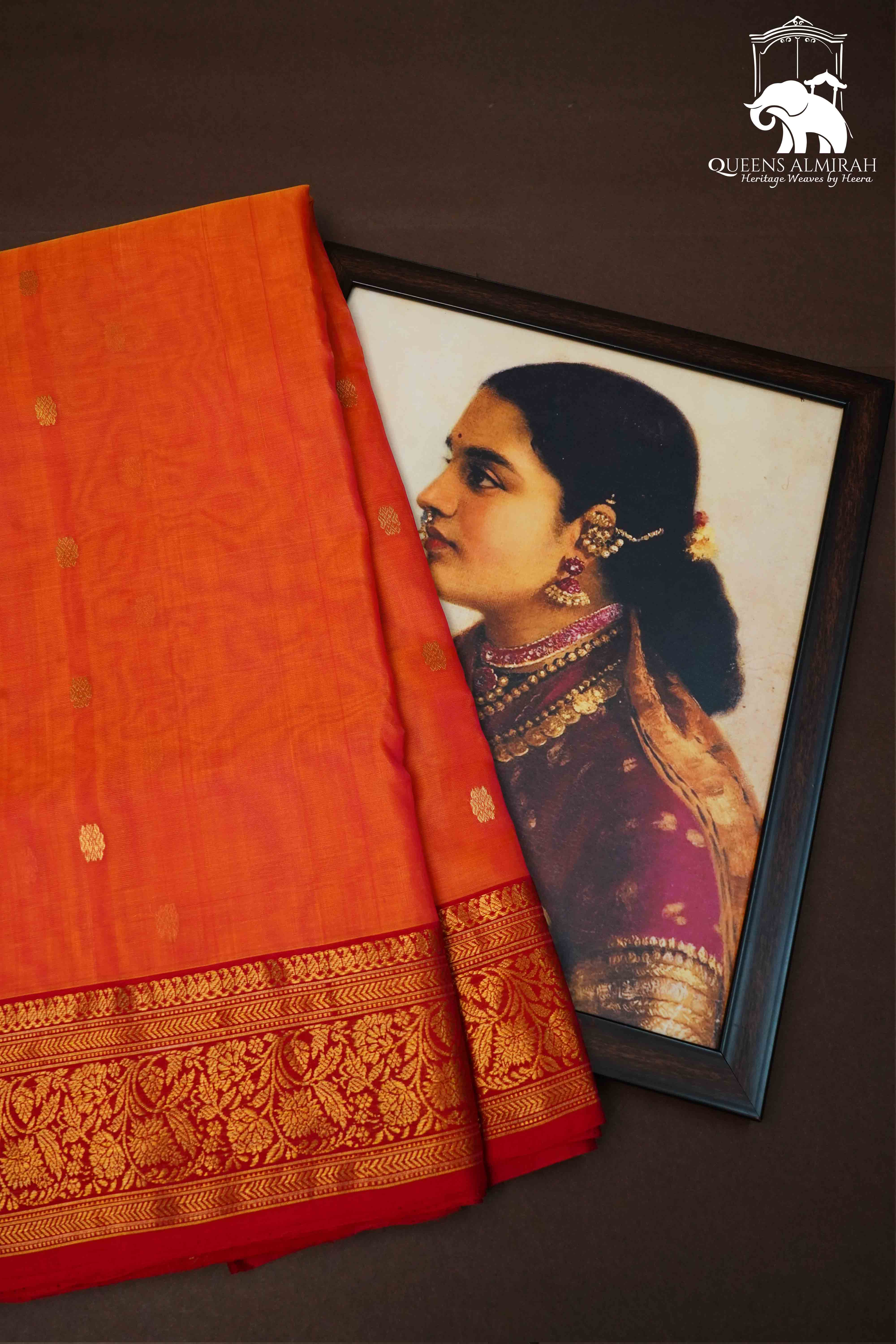 SUNRISE ORANGE KATAN HANDLOOM PURE CHANDERI SILK SAREE - Queens Jewel Emporium