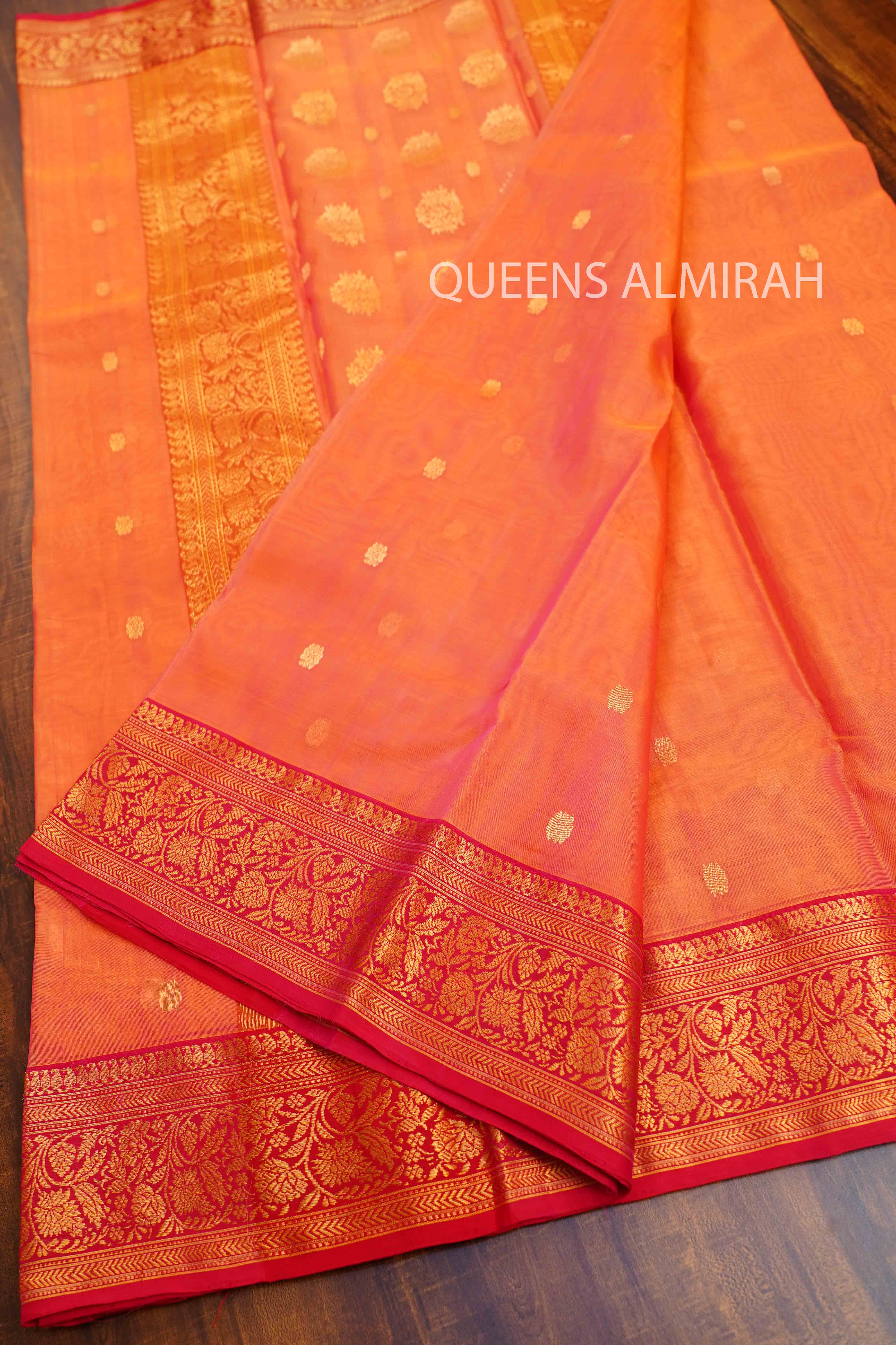 SUNRISE ORANGE KATAN HANDLOOM PURE CHANDERI SILK SAREE - Queens Jewel Emporium