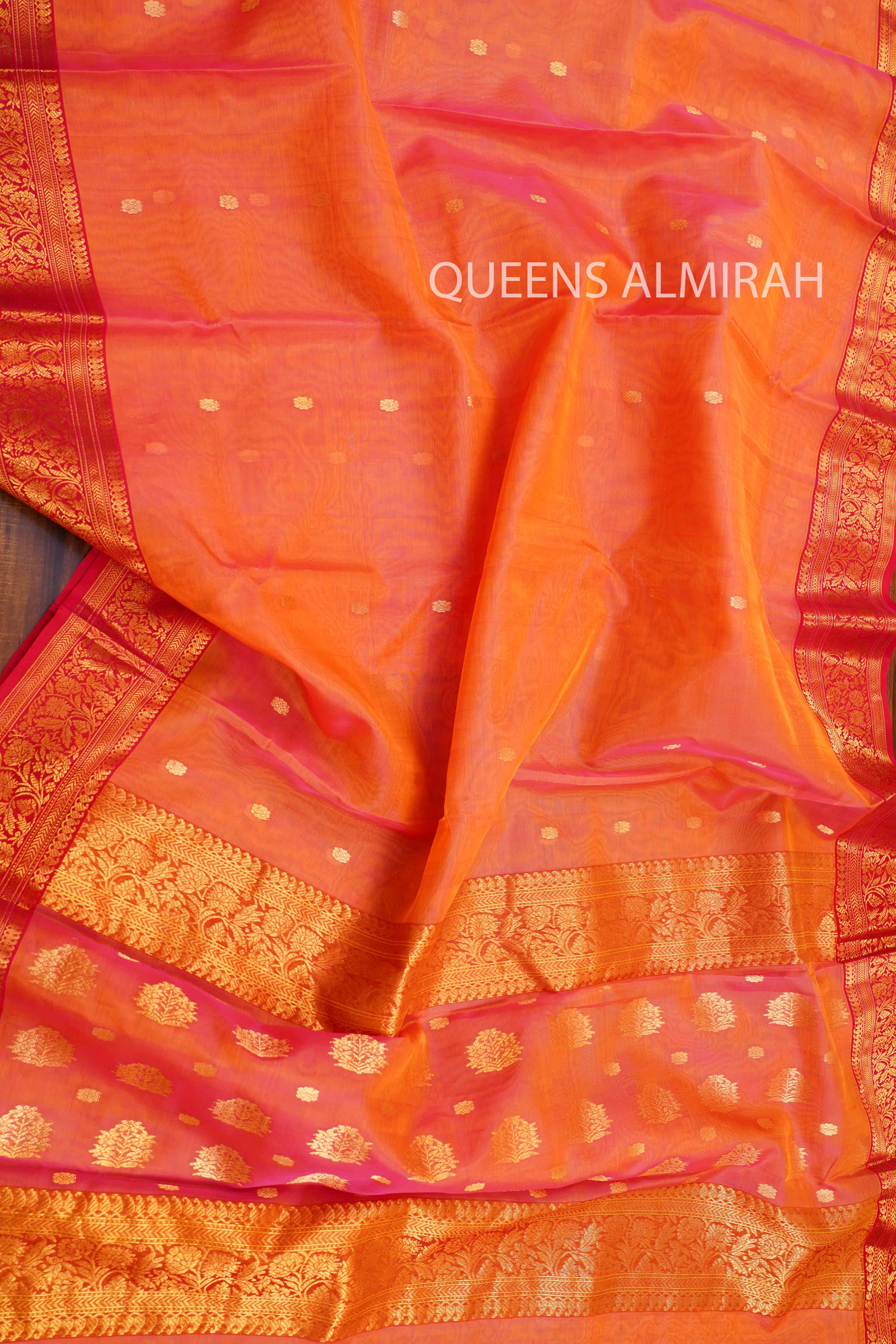 SUNRISE ORANGE KATAN HANDLOOM PURE CHANDERI SILK SAREE - Queens Jewel Emporium