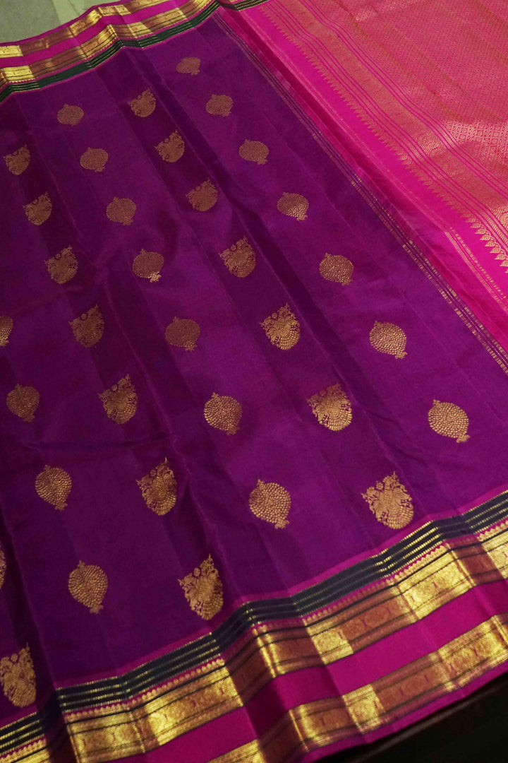 CABBAGE PURPLE WITH DRAGON PINK KANCHIVARAM SILK SAREE - Queens Jewel Emporium