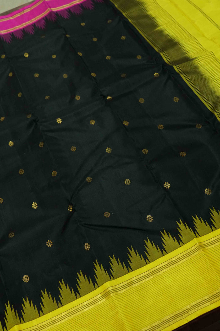 BLACK CURRENT WITH LEMON YELLOW PURE KANCHIVARAM SILK SAREE - Queens Jewel Emporium
