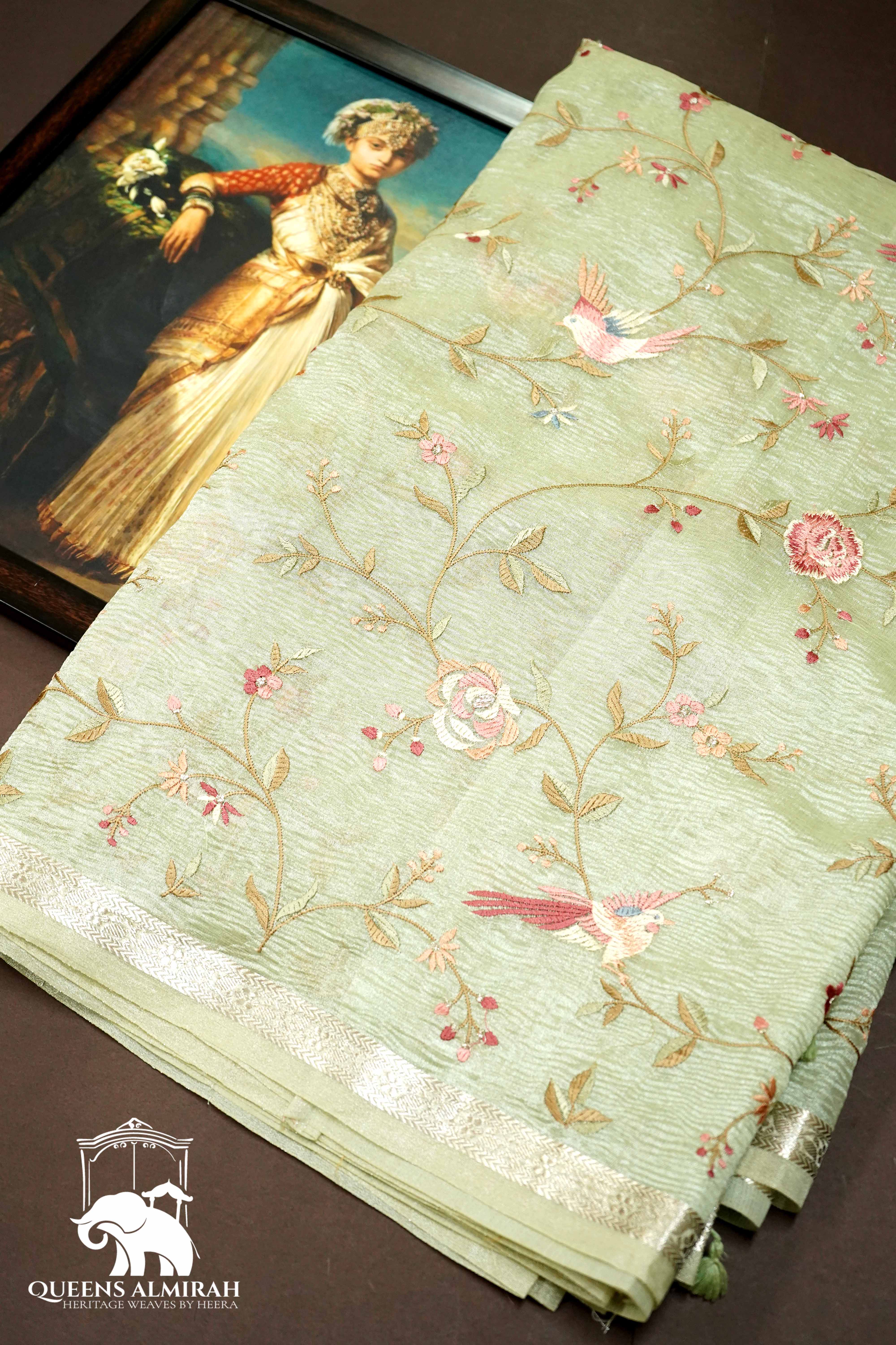 TEA GREEN WITH WOVEN BORDER TISSUE SAREE - Queens Jewel Emporium
