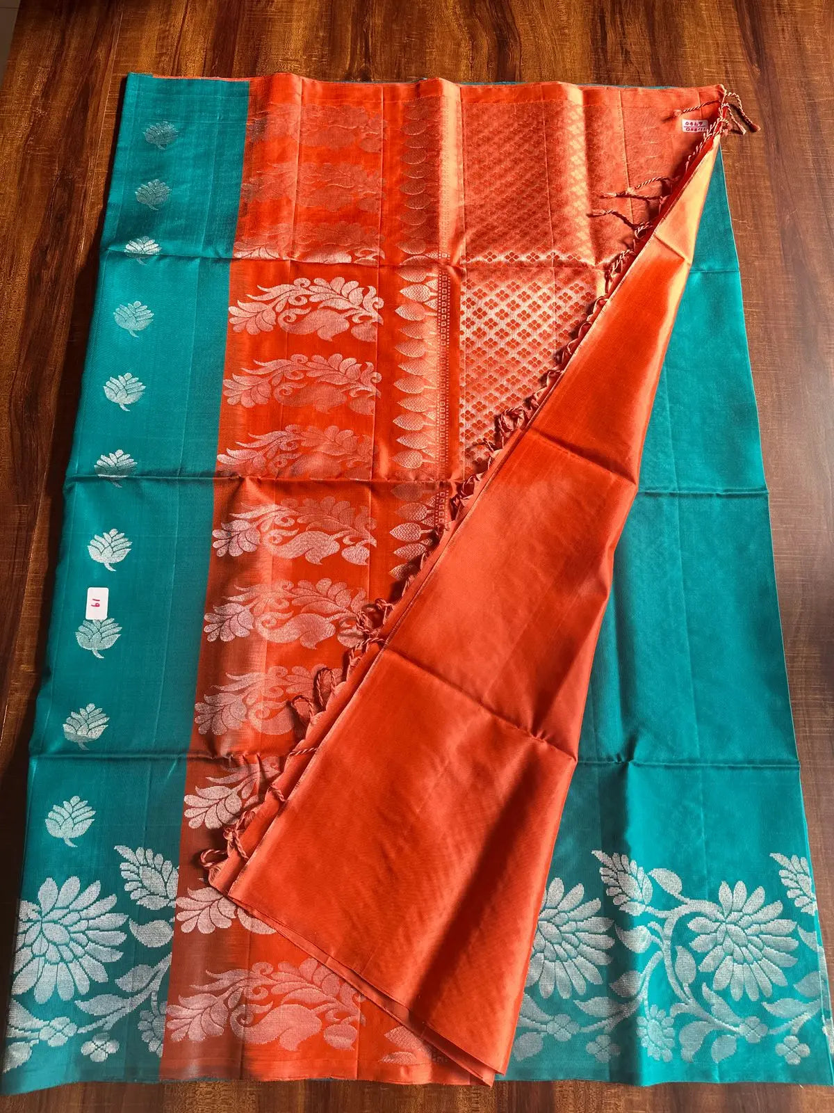 TEAL BLUE WITH DUSKY ORANGE PURE SOFT SILK SAREE - Queens Jewel Emporium