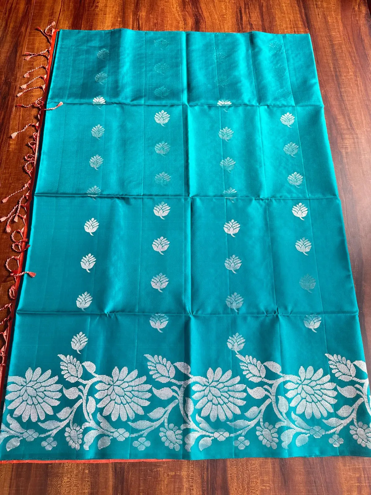 TEAL BLUE WITH DUSKY ORANGE PURE SOFT SILK SAREE - Queens Jewel Emporium