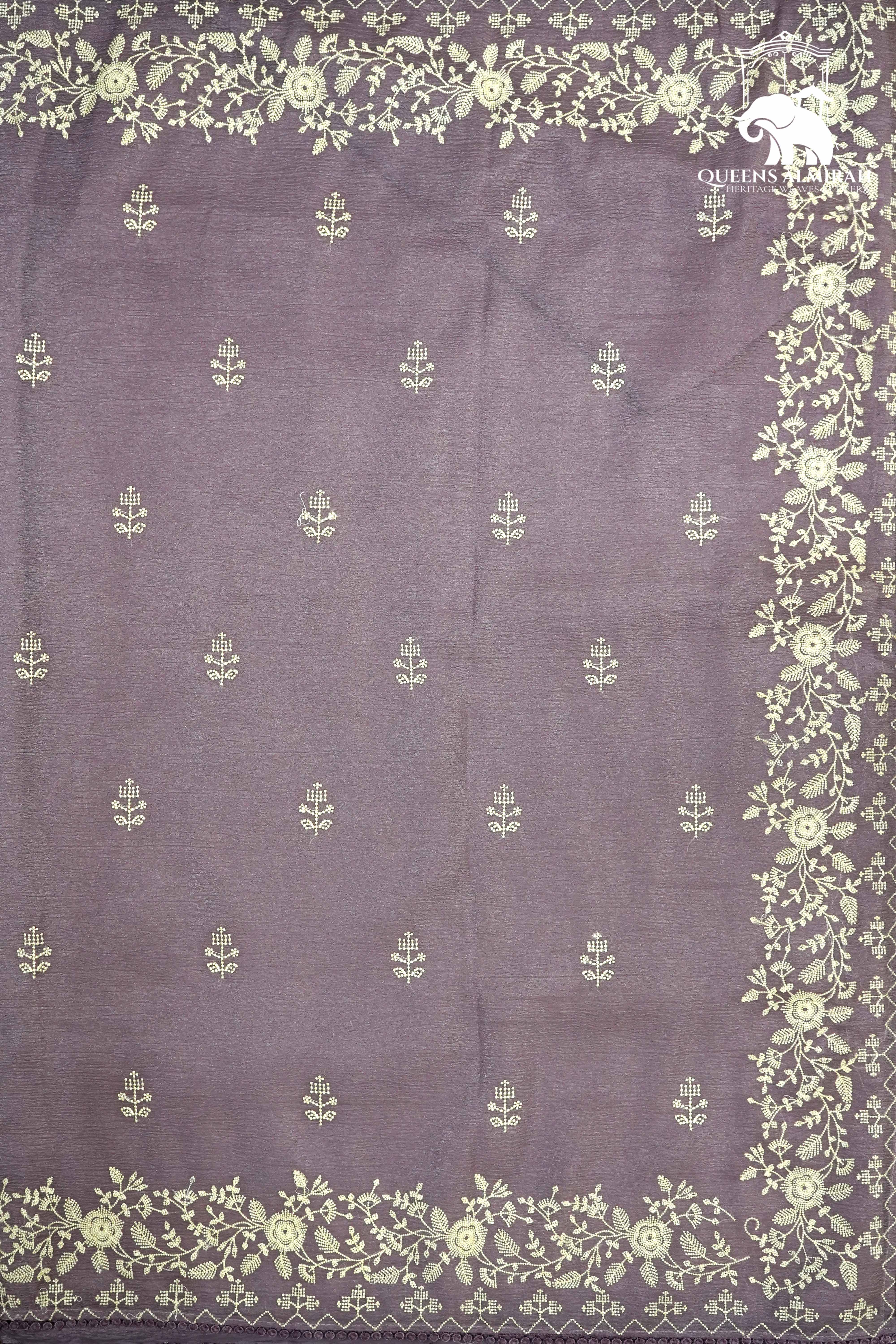 THISTLE PURPLE WITH WHITE EMBROIDERY BORDER TISSUE SAREE - Queens Jewel Emporium