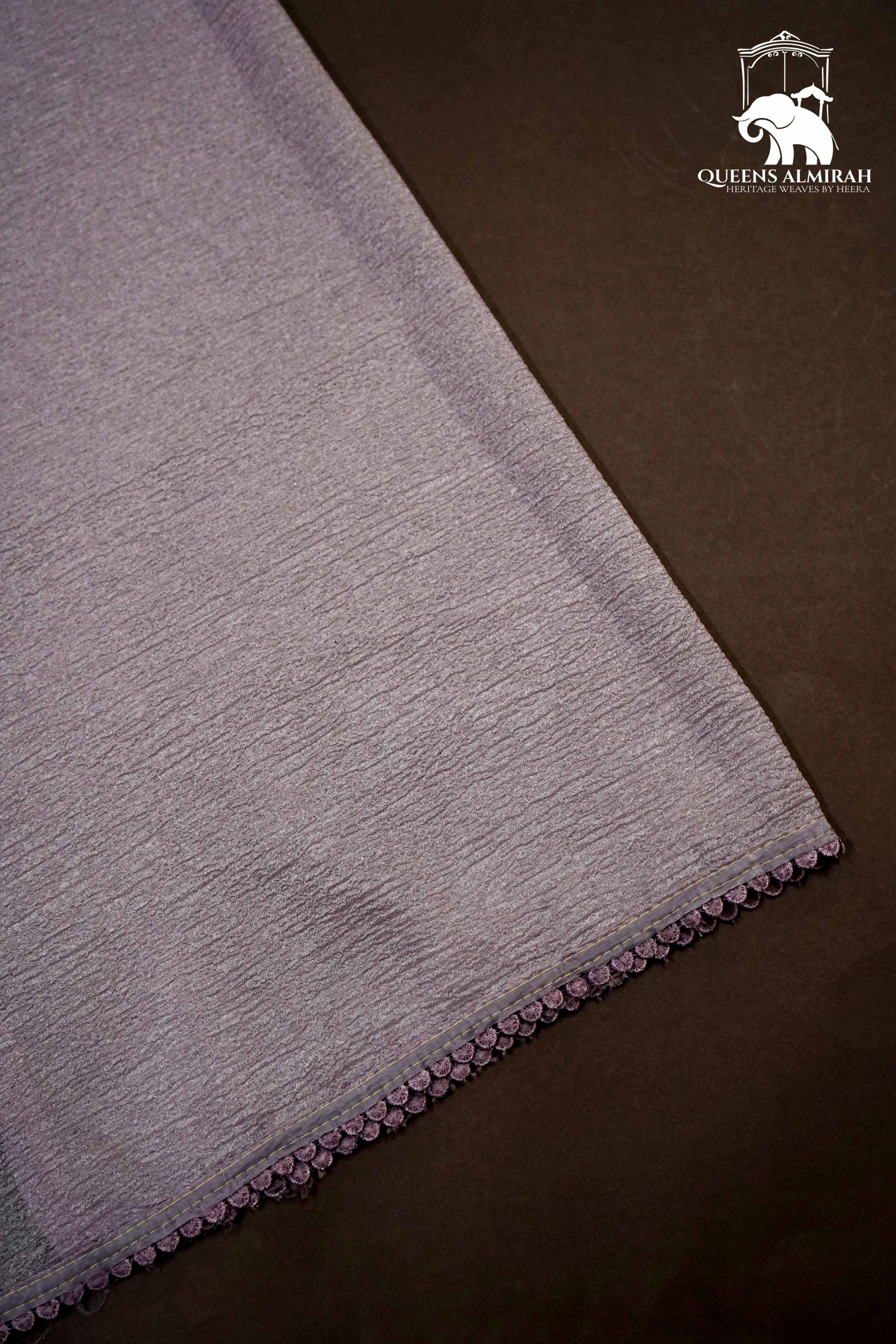 THISTLE PURPLE WITH WHITE EMBROIDERY BORDER TISSUE SAREE - Queens Jewel Emporium