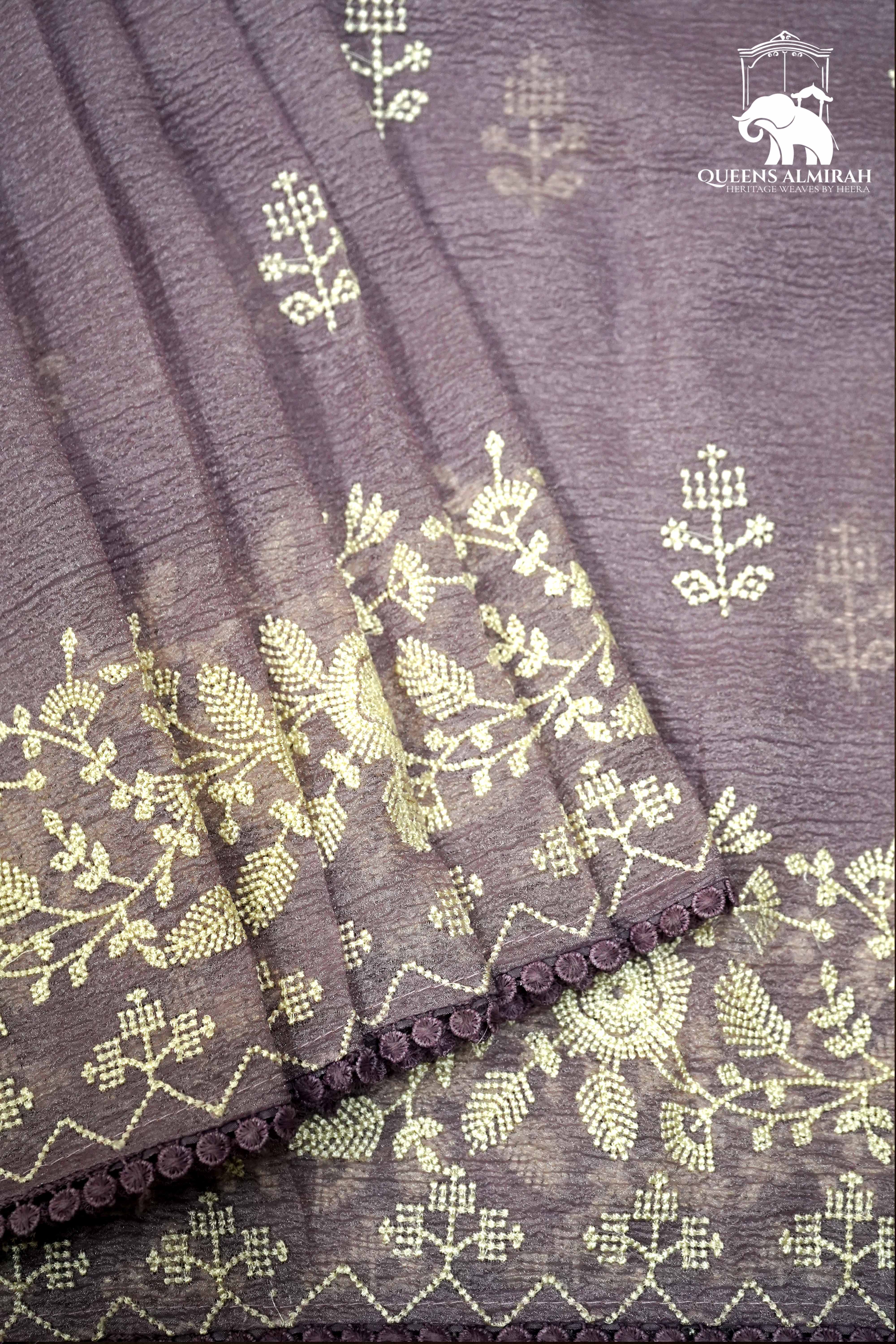 THISTLE PURPLE WITH WHITE EMBROIDERY BORDER TISSUE SAREE - Queens Jewel Emporium