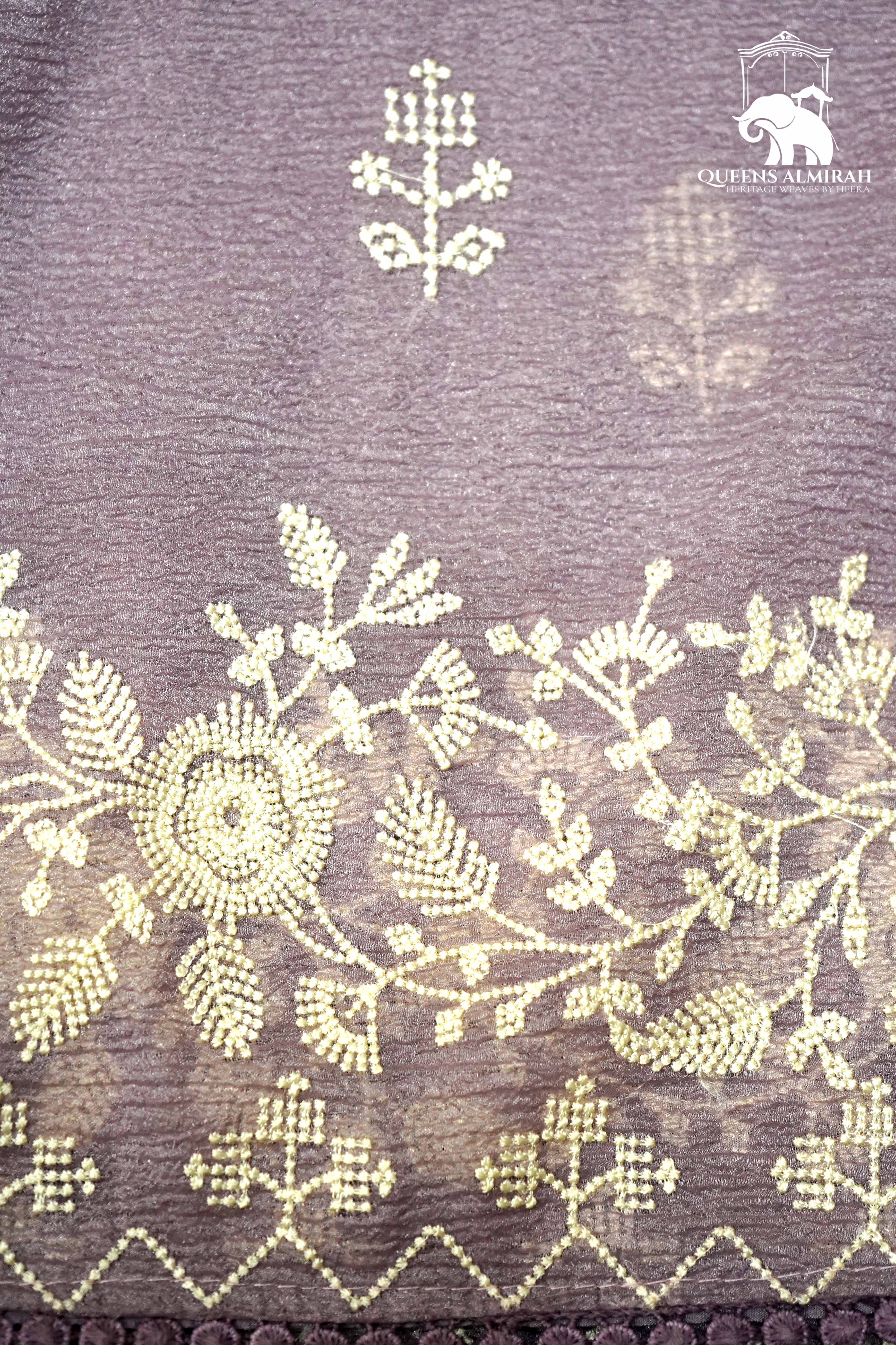 THISTLE PURPLE WITH WHITE EMBROIDERY BORDER TISSUE SAREE - Queens Jewel Emporium