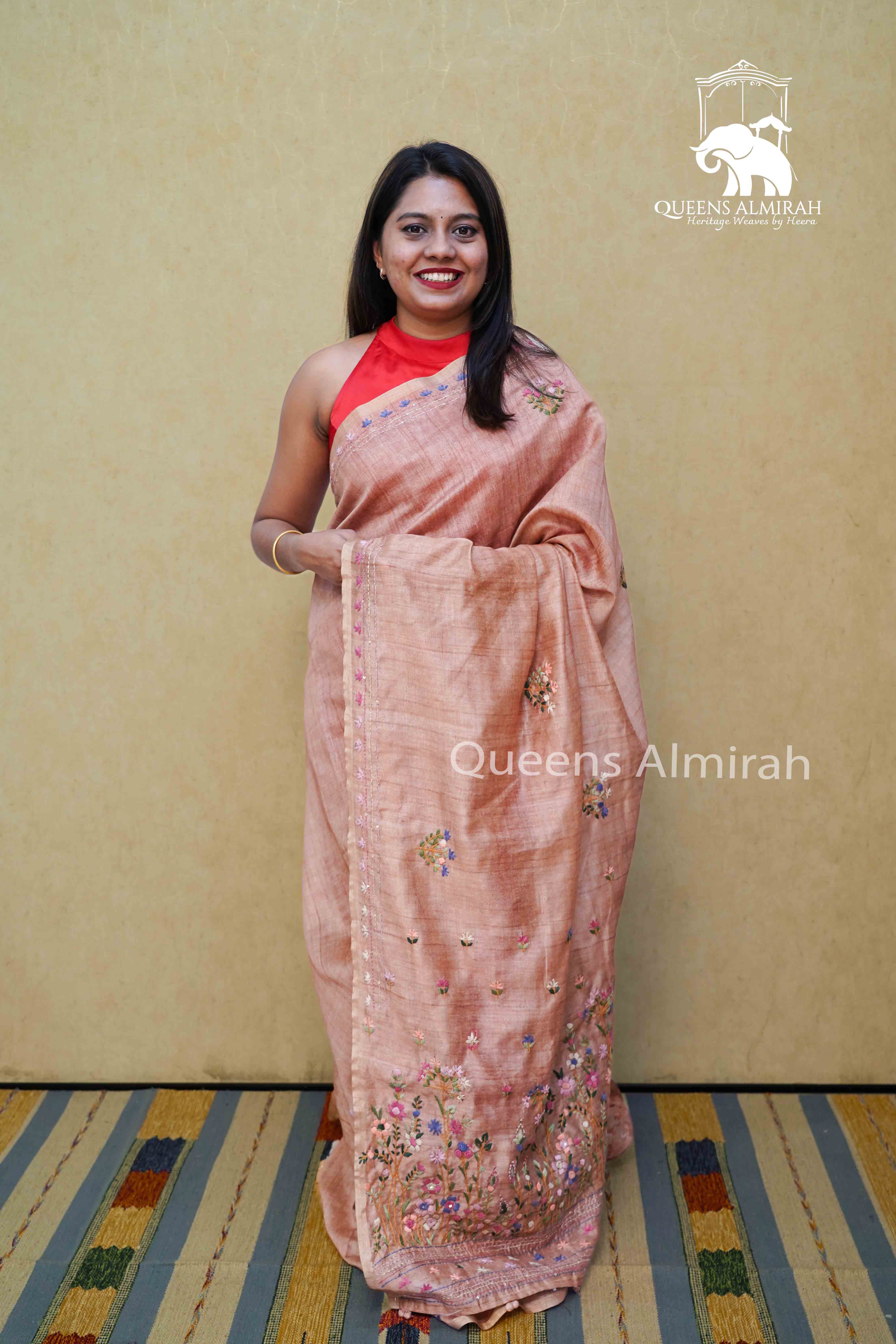 TIGER ORANGE TUSSAR CHANDERI SAREE - Queens Jewel Emporium