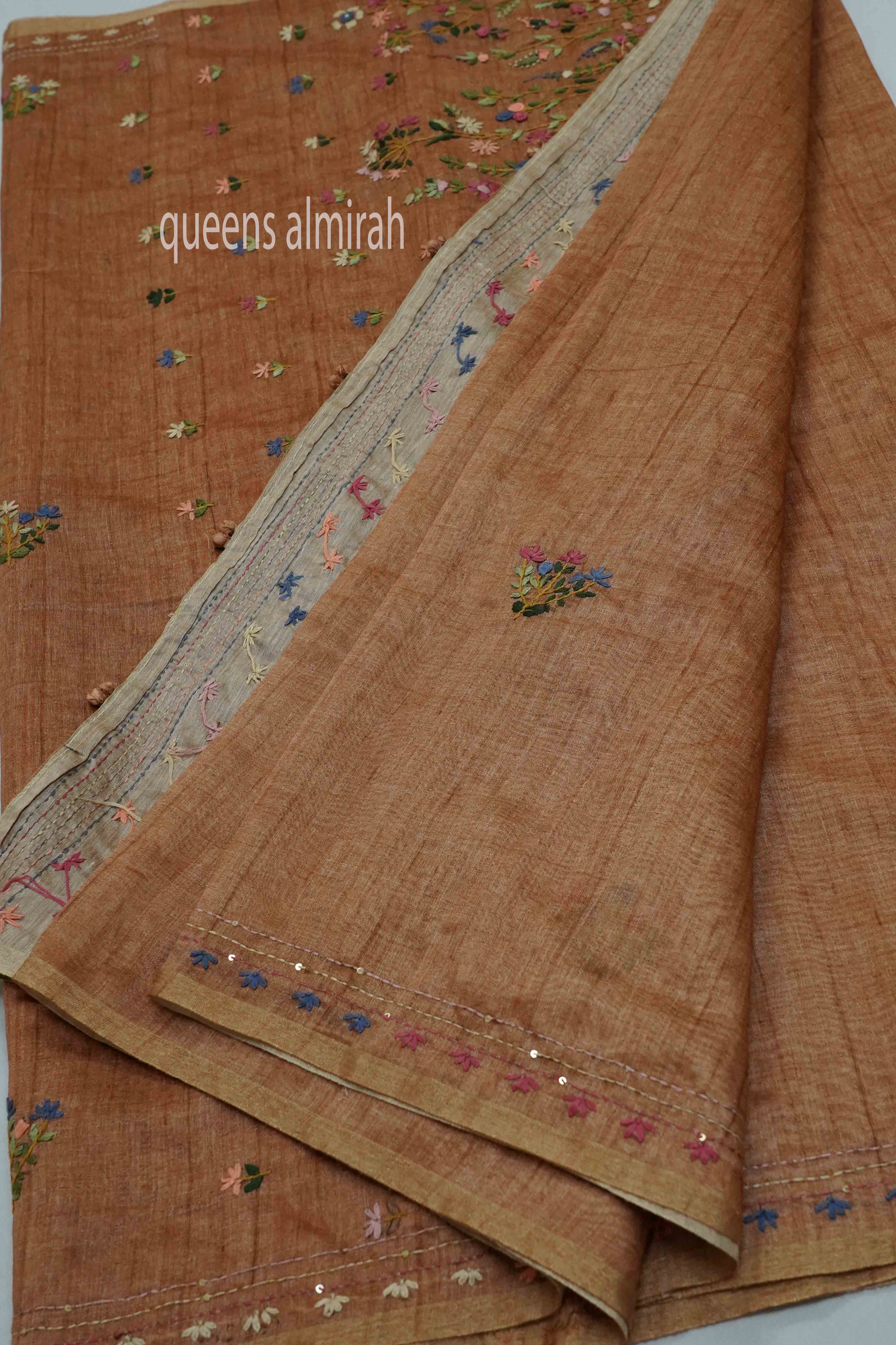 TIGER ORANGE TUSSAR CHANDERI SAREE - Queens Jewel Emporium