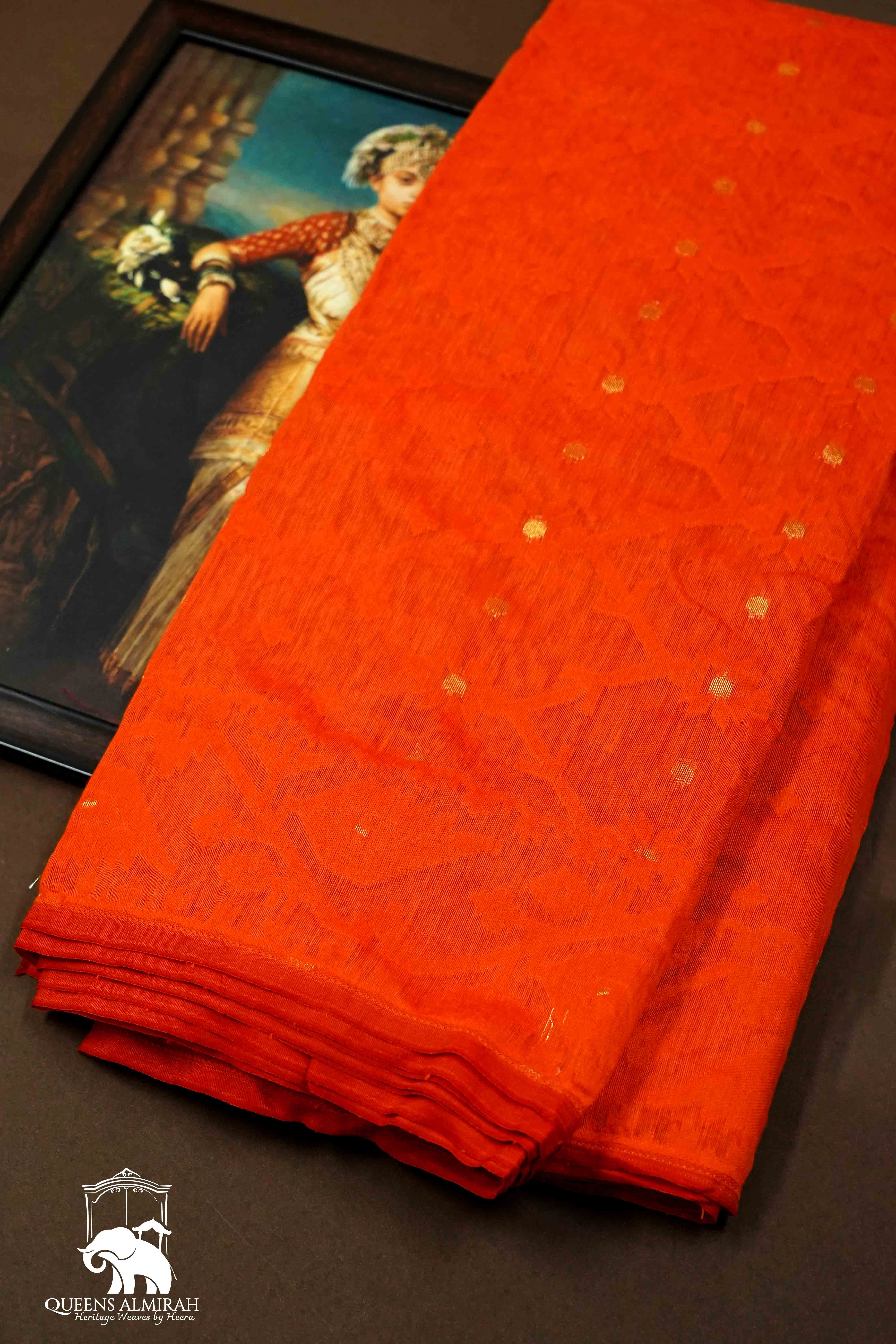 TOMATO ORANGE JAMDANI COTTON SAREE - Queens Jewel Emporium