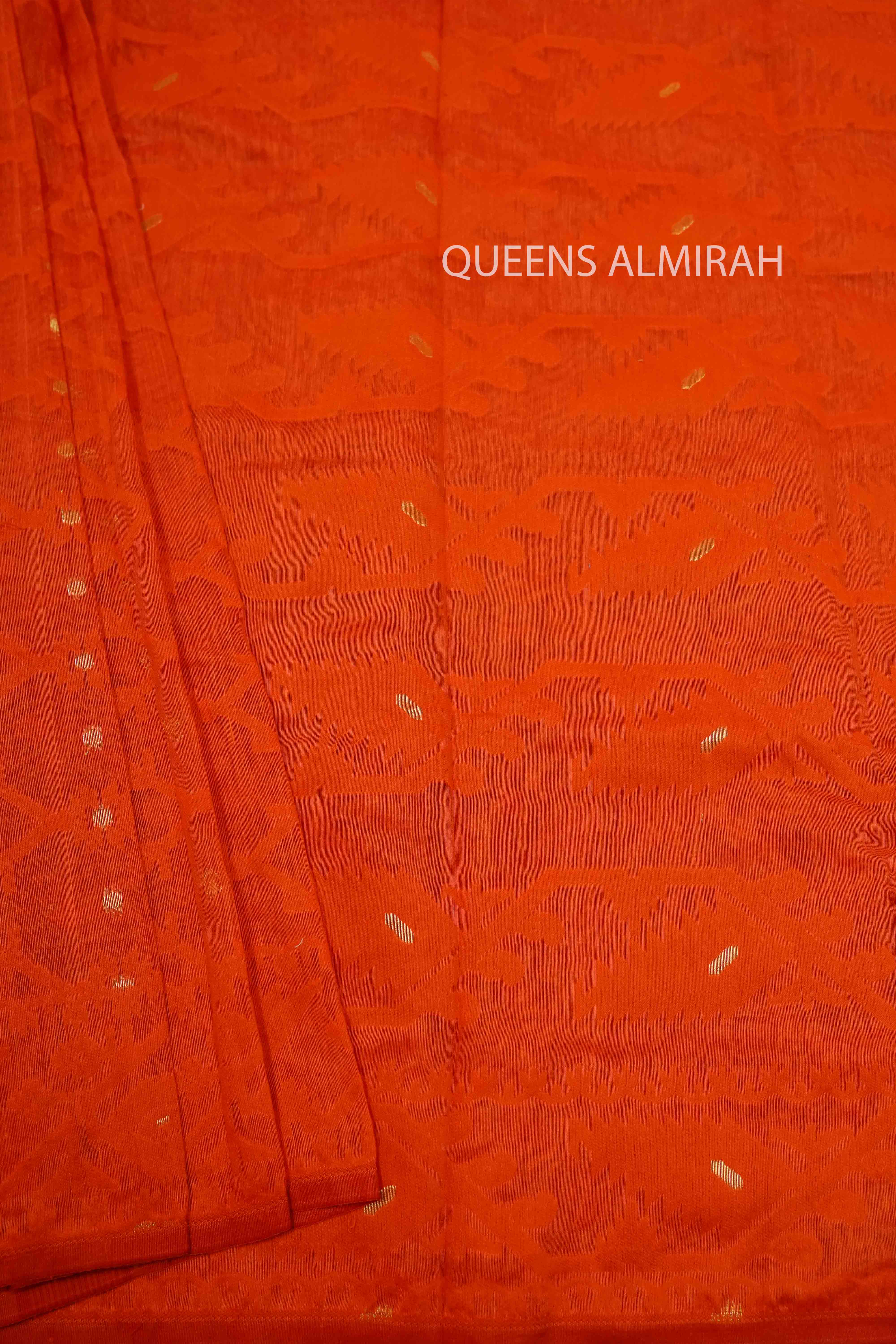 TOMATO ORANGE JAMDANI COTTON SAREE - Queens Jewel Emporium