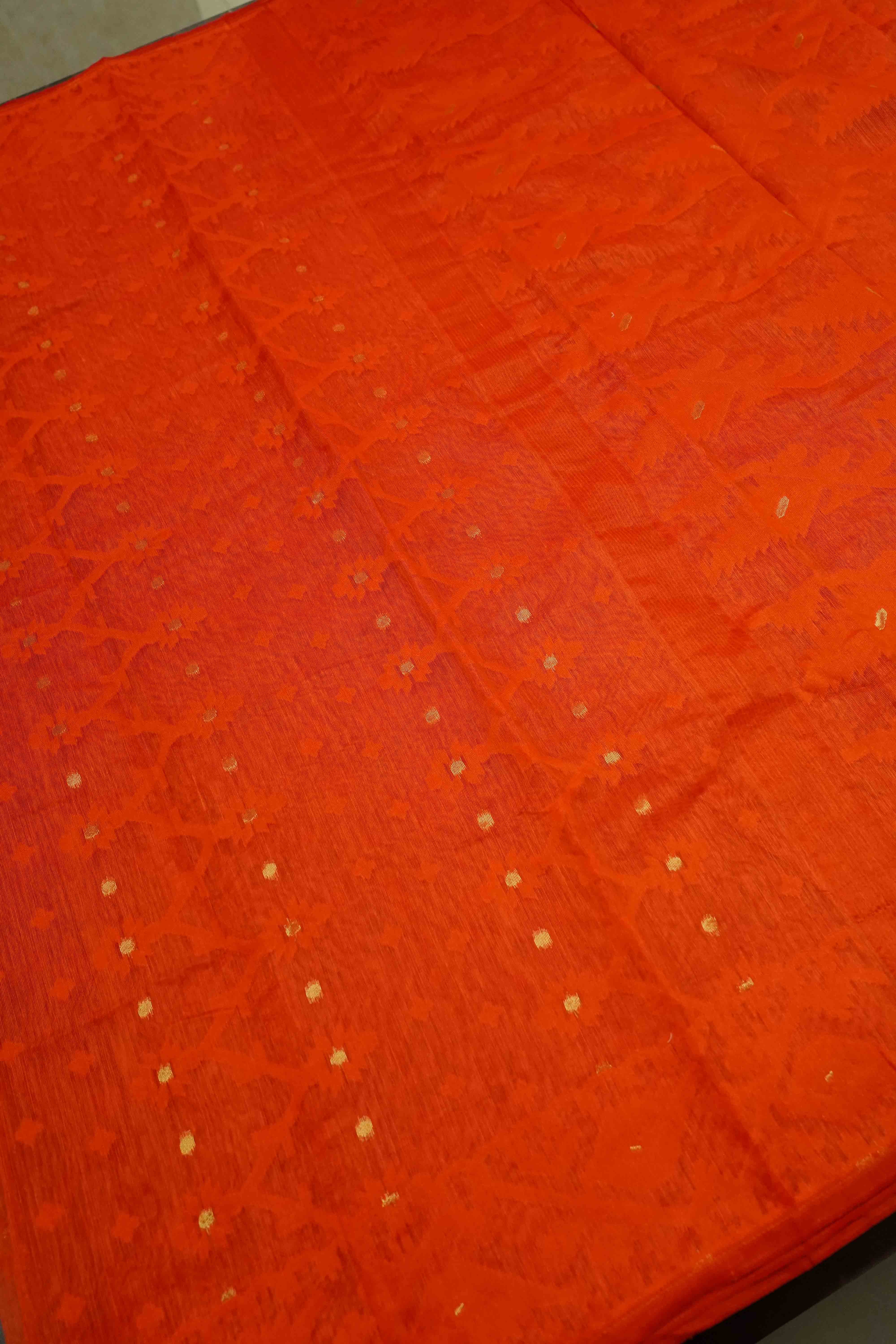 TOMATO ORANGE JAMDANI COTTON SAREE - Queens Jewel Emporium