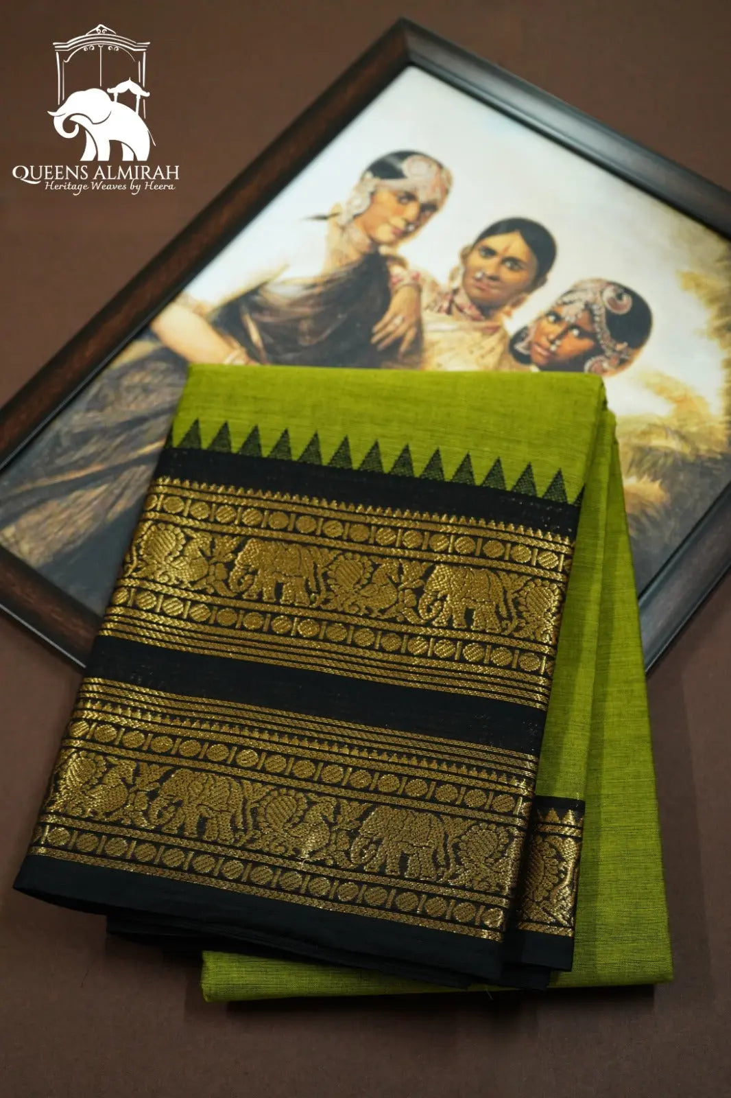 TRENDY GREEN WITH BLACK BEAN KANCHI COTTON SAREE - Queens Jewel Emporium